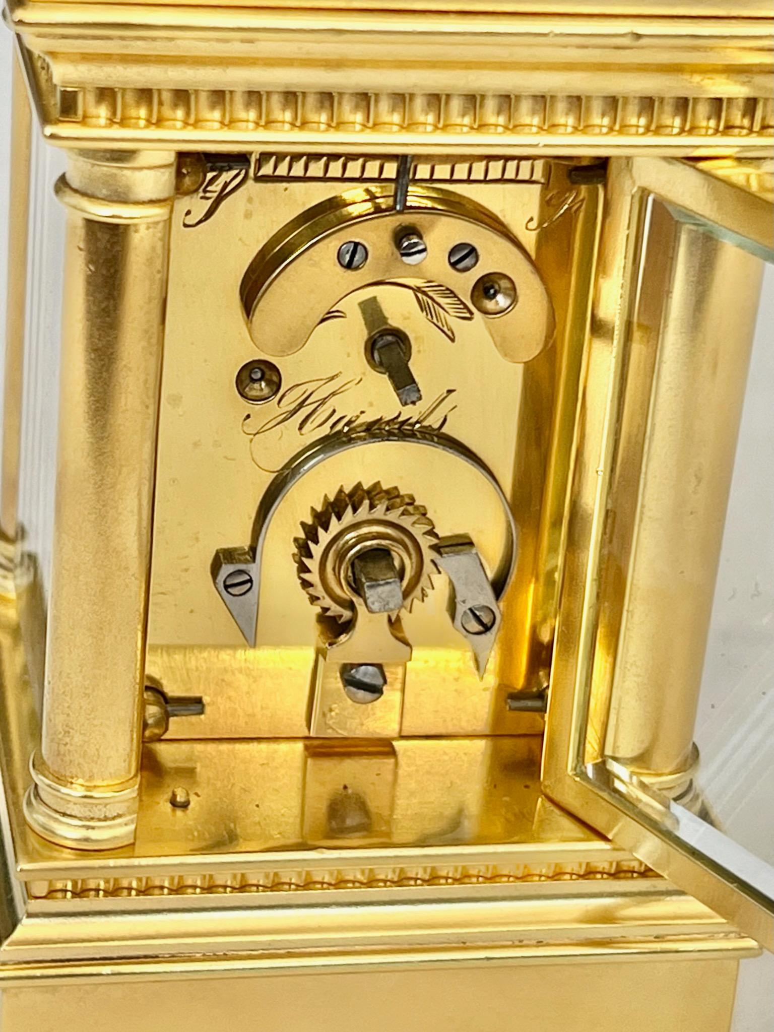 Antique French Miniature Gilt Timepiece Carriage Clock with Original Travel Case For Sale 3