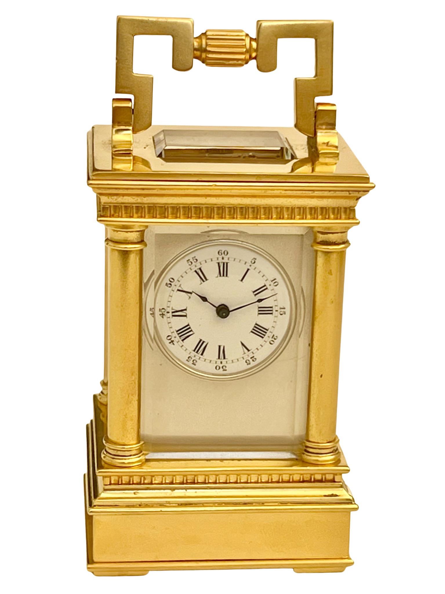 Antique French Miniature Gilt Timepiece Carriage Clock with Original Travel Case For Sale 7