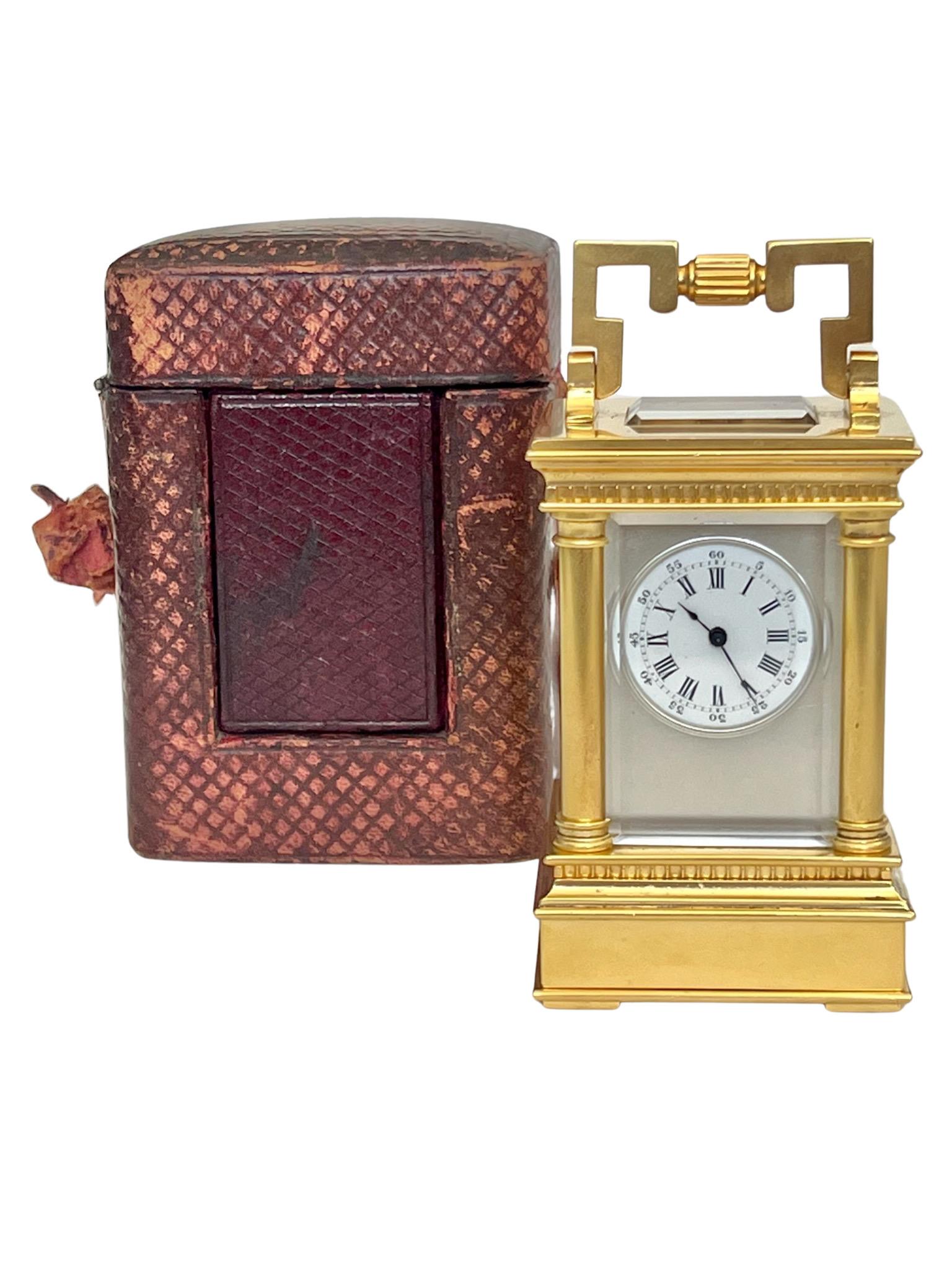Antique French Miniature Gilt Timepiece Carriage Clock with Original Travel Case For Sale 10
