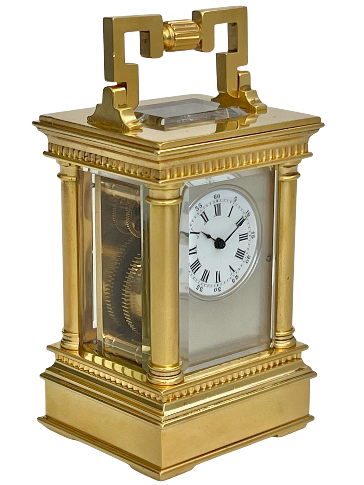 Antique French Miniature Gilt Timepiece Carriage Clock with Original Travel Case In Good Condition For Sale In London, GB