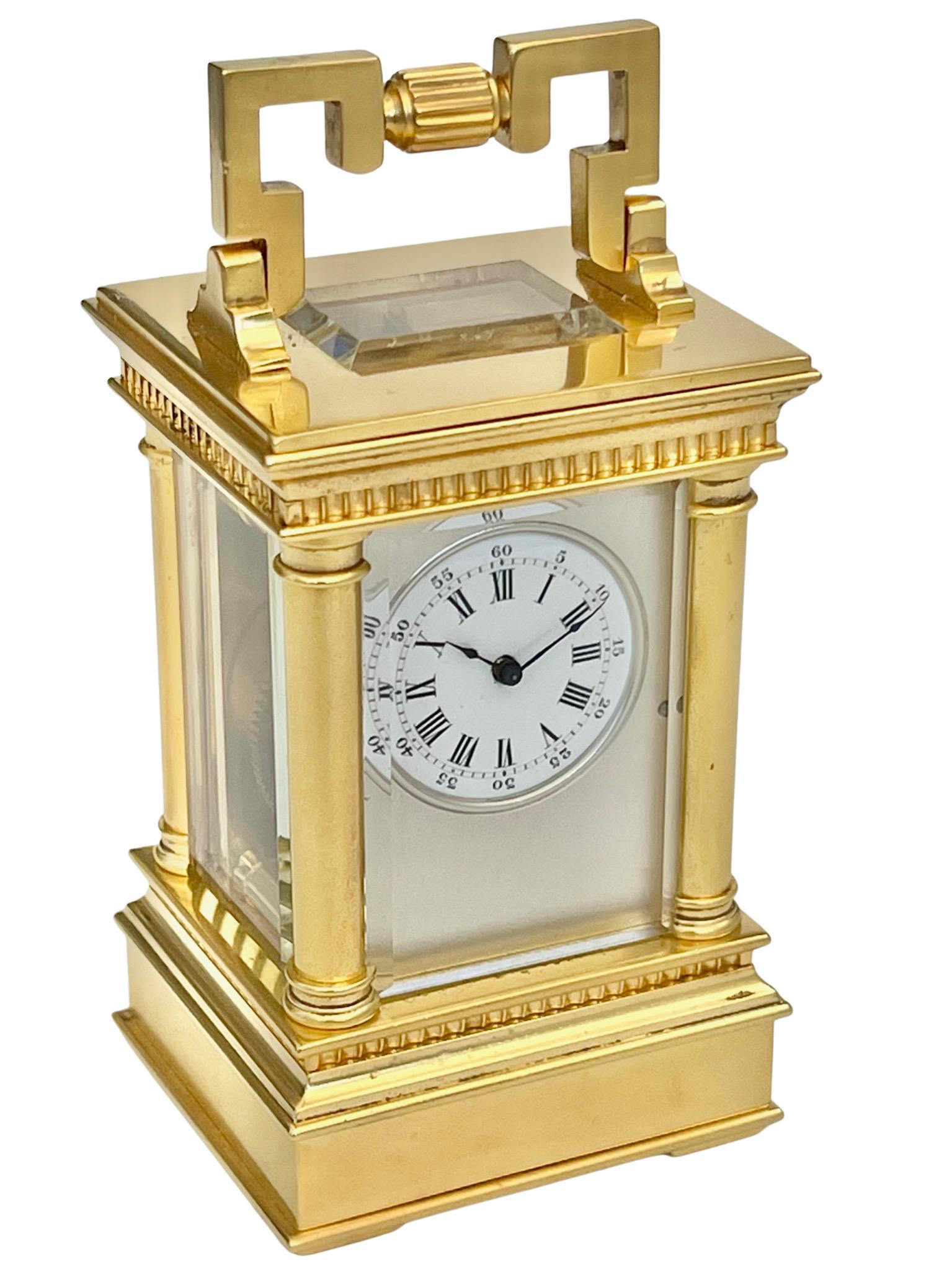 Brass Antique French Miniature Gilt Timepiece Carriage Clock with Original Travel Case For Sale