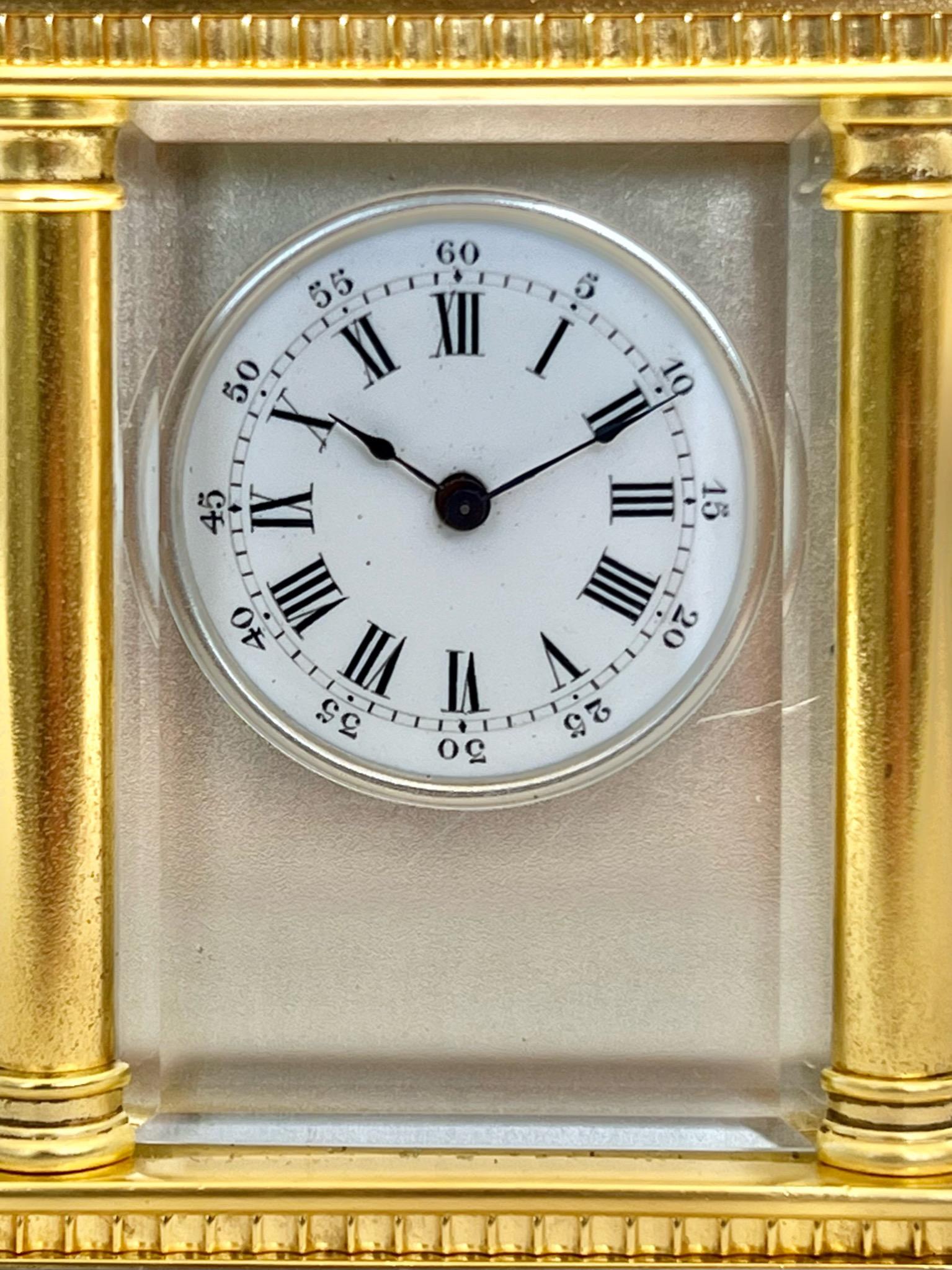 Antique French Miniature Gilt Timepiece Carriage Clock with Original Travel Case For Sale 1