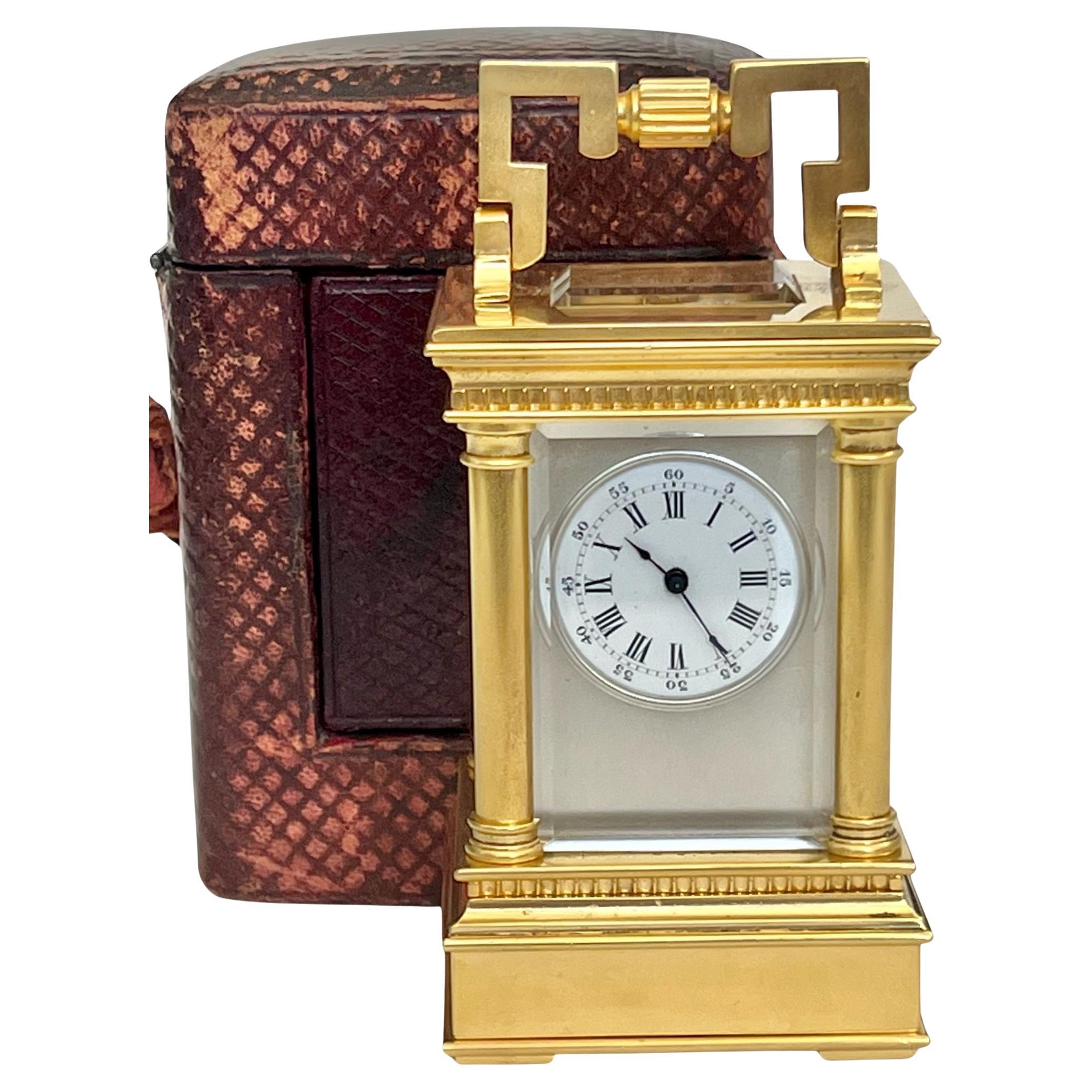 Antique French Miniature Gilt Timepiece Carriage Clock with Original Travel Case For Sale