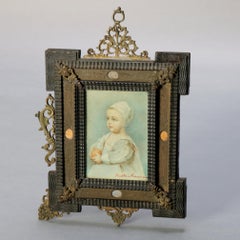 Antique French Miniature Signed Watercolor Portrait in Carved Frame 19th Century