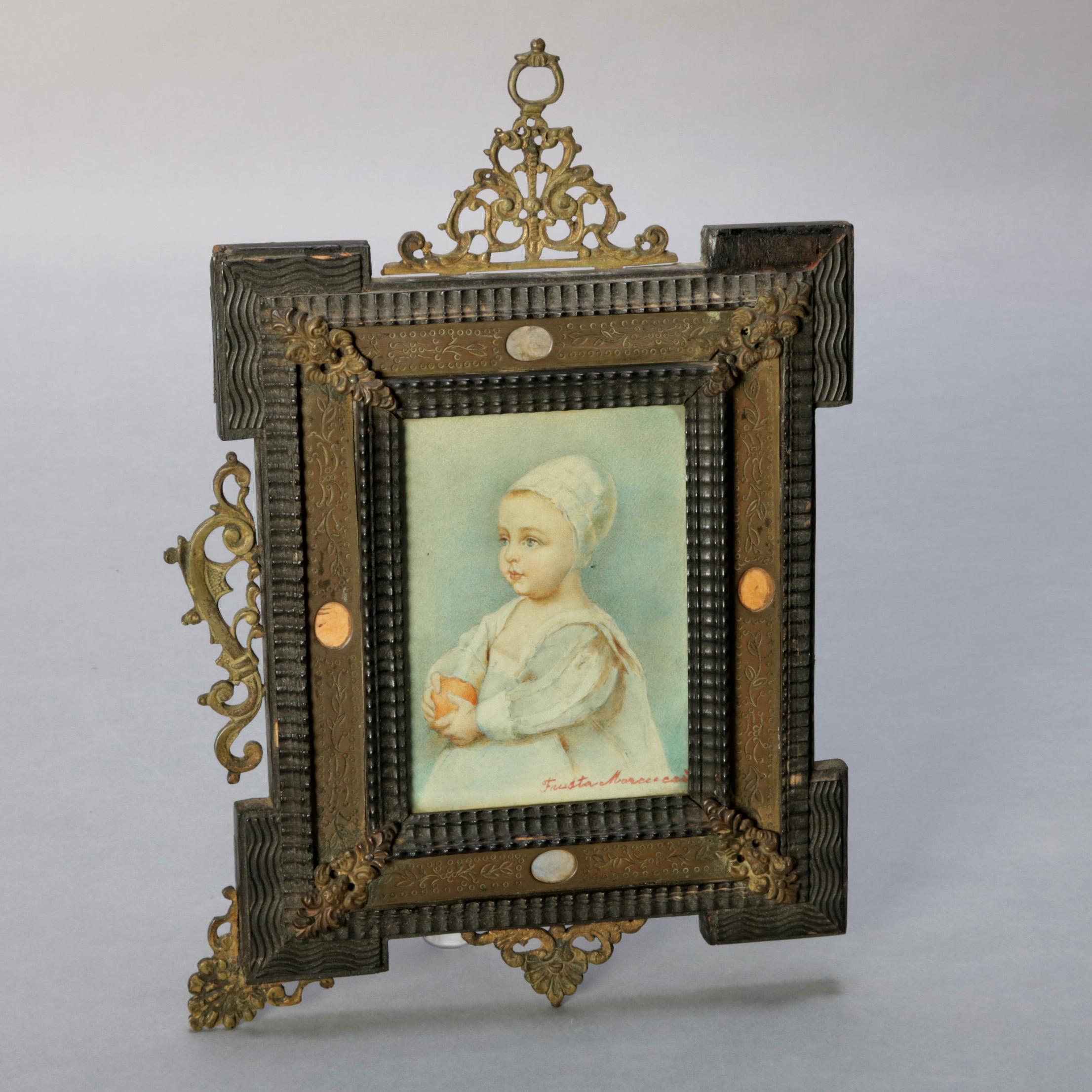 Folk Art Antique French Miniature Signed Watercolor Portrait in Carved Frame 19th Century