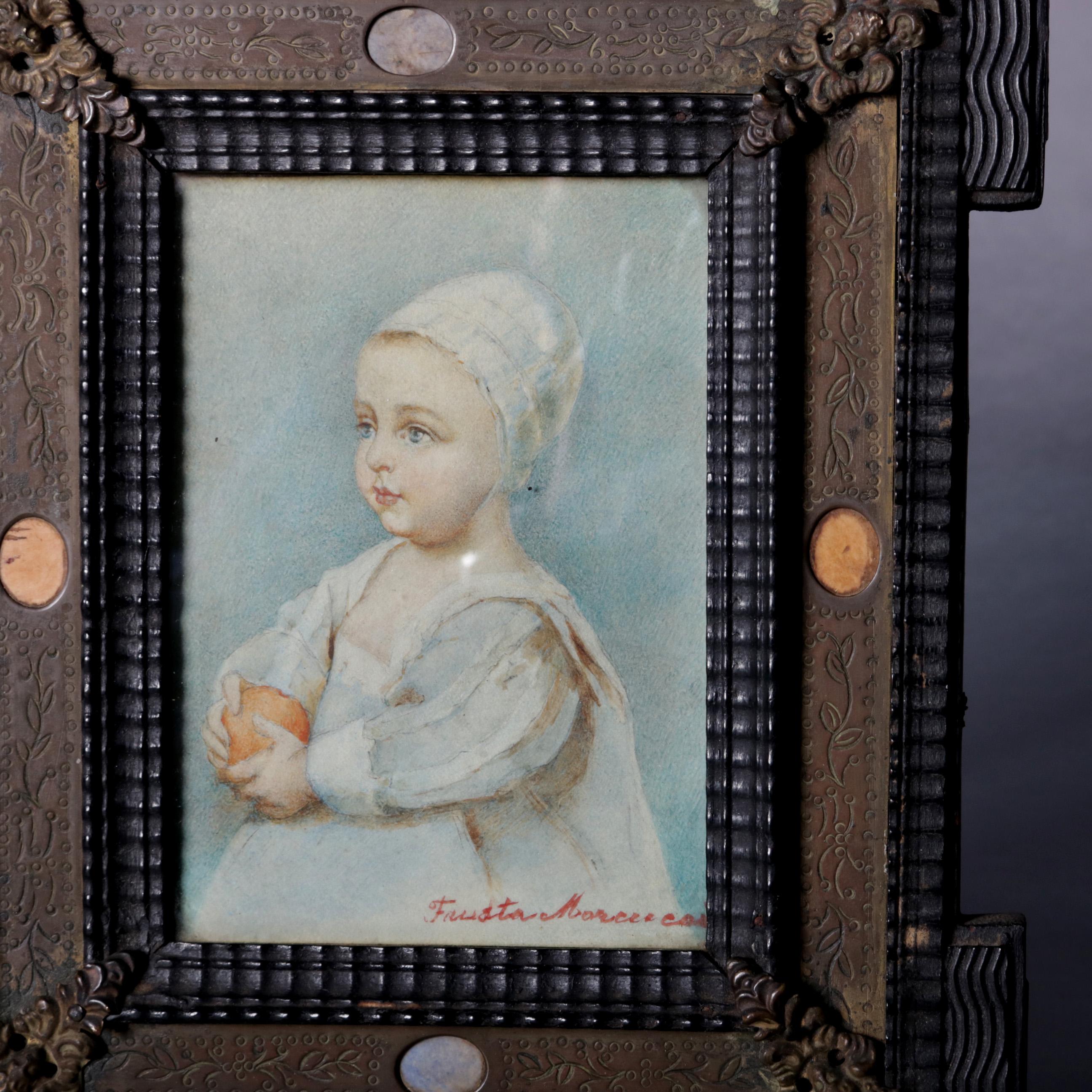Hand-Carved Antique French Miniature Signed Watercolor Portrait in Carved Frame 19th Century