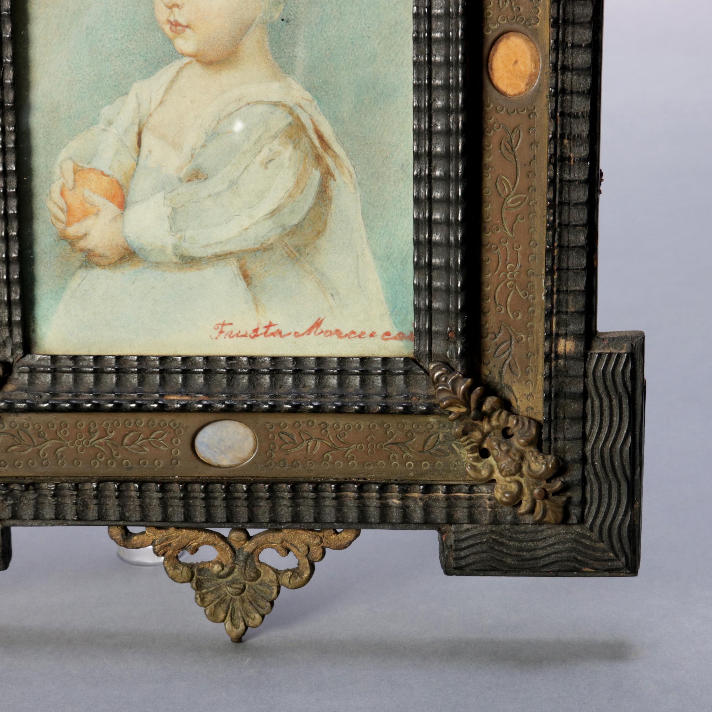 Antique French Miniature Signed Watercolor Portrait in Carved Frame 19th Century In Good Condition In Big Flats, NY