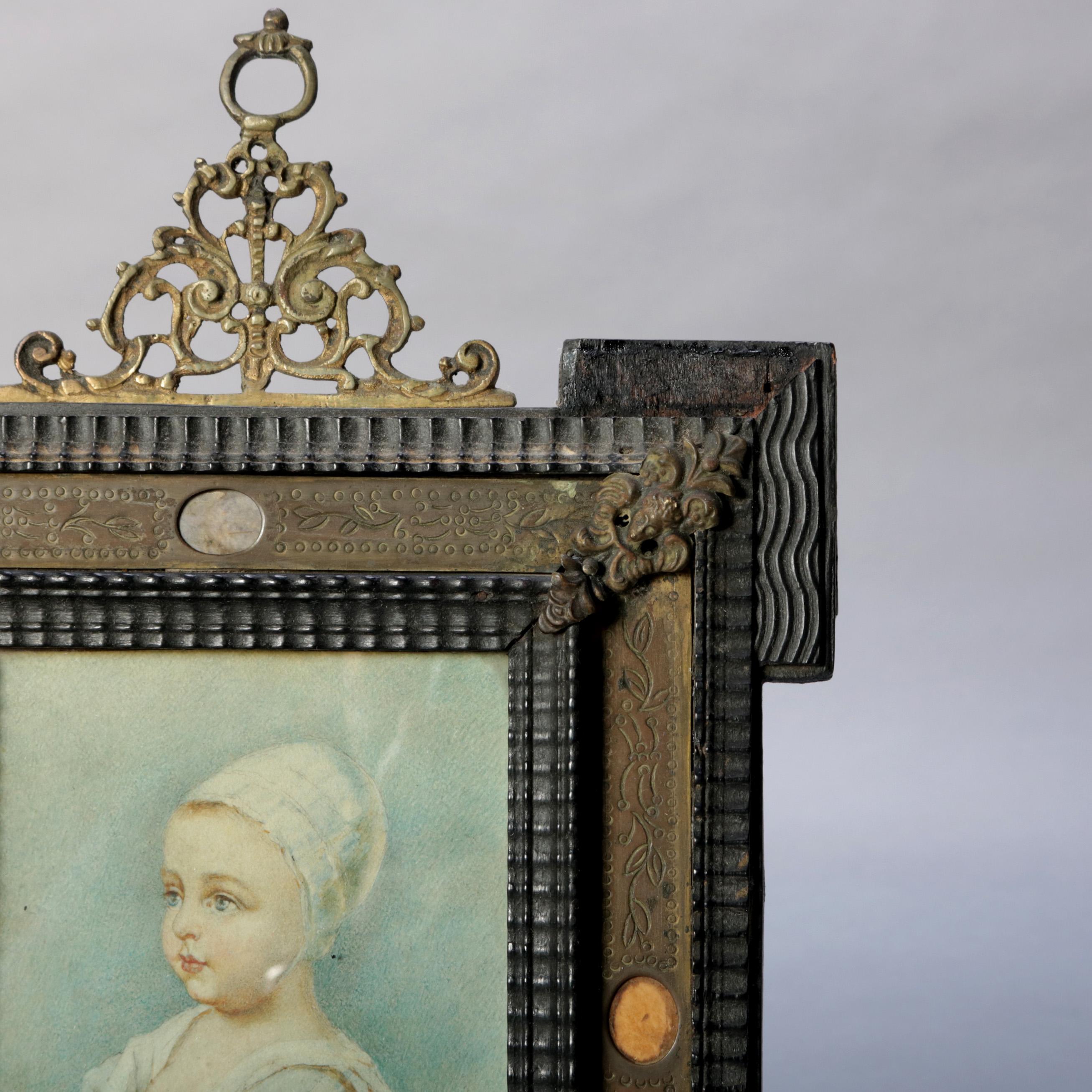 Metal Antique French Miniature Signed Watercolor Portrait in Carved Frame 19th Century