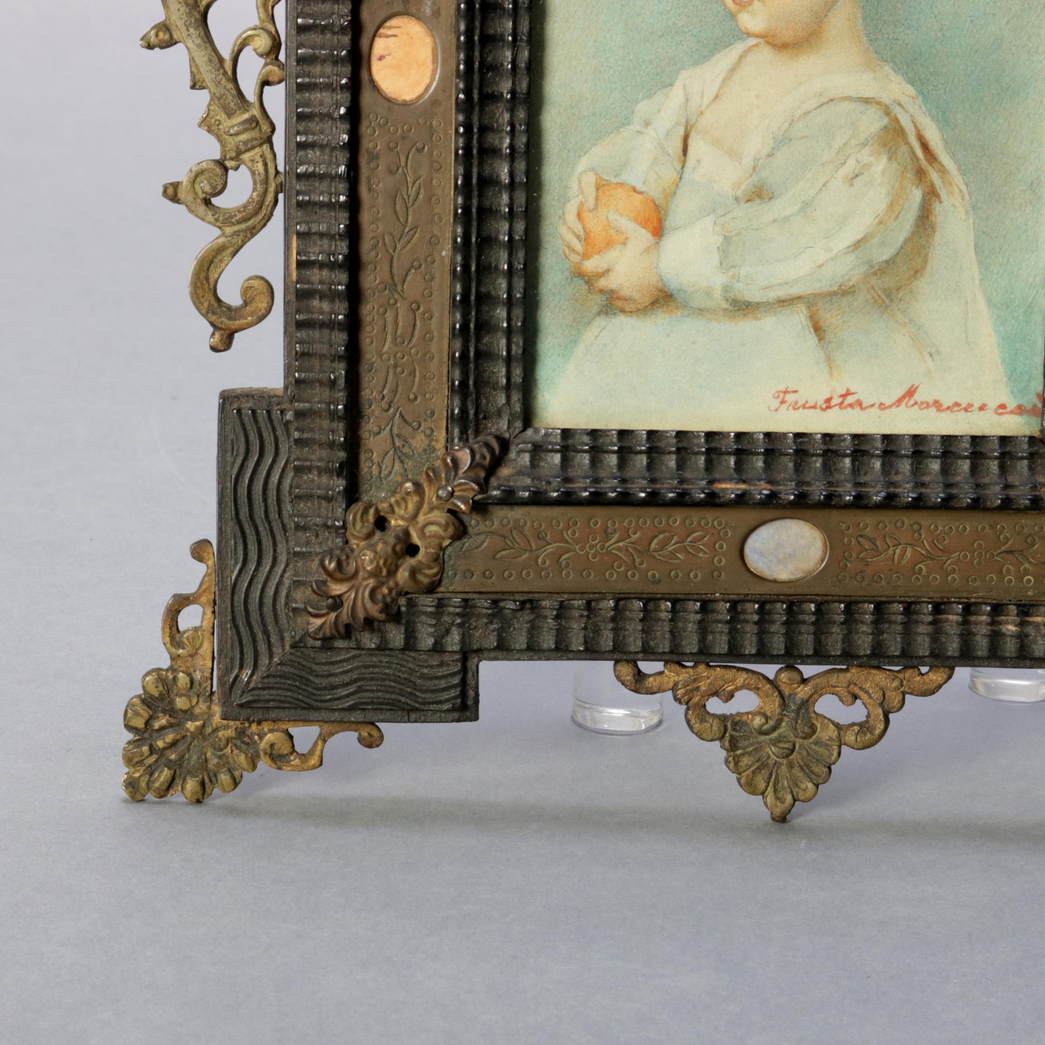 Antique French Miniature Signed Watercolor Portrait in Carved Frame 19th Century 1