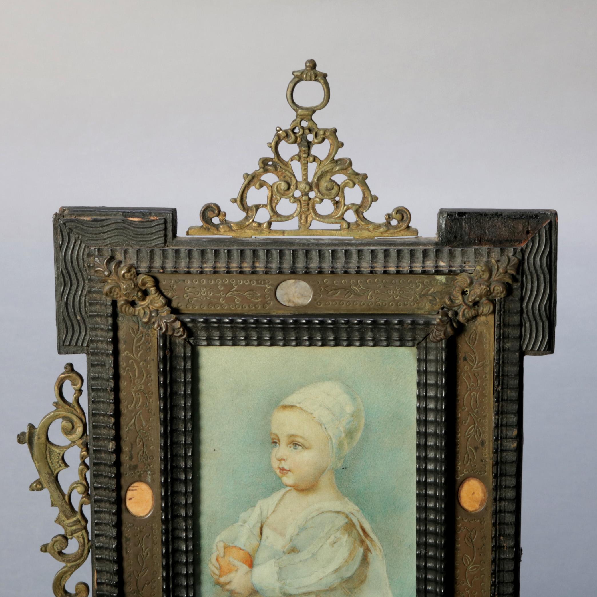 Antique French Miniature Signed Watercolor Portrait in Carved Frame 19th Century 2