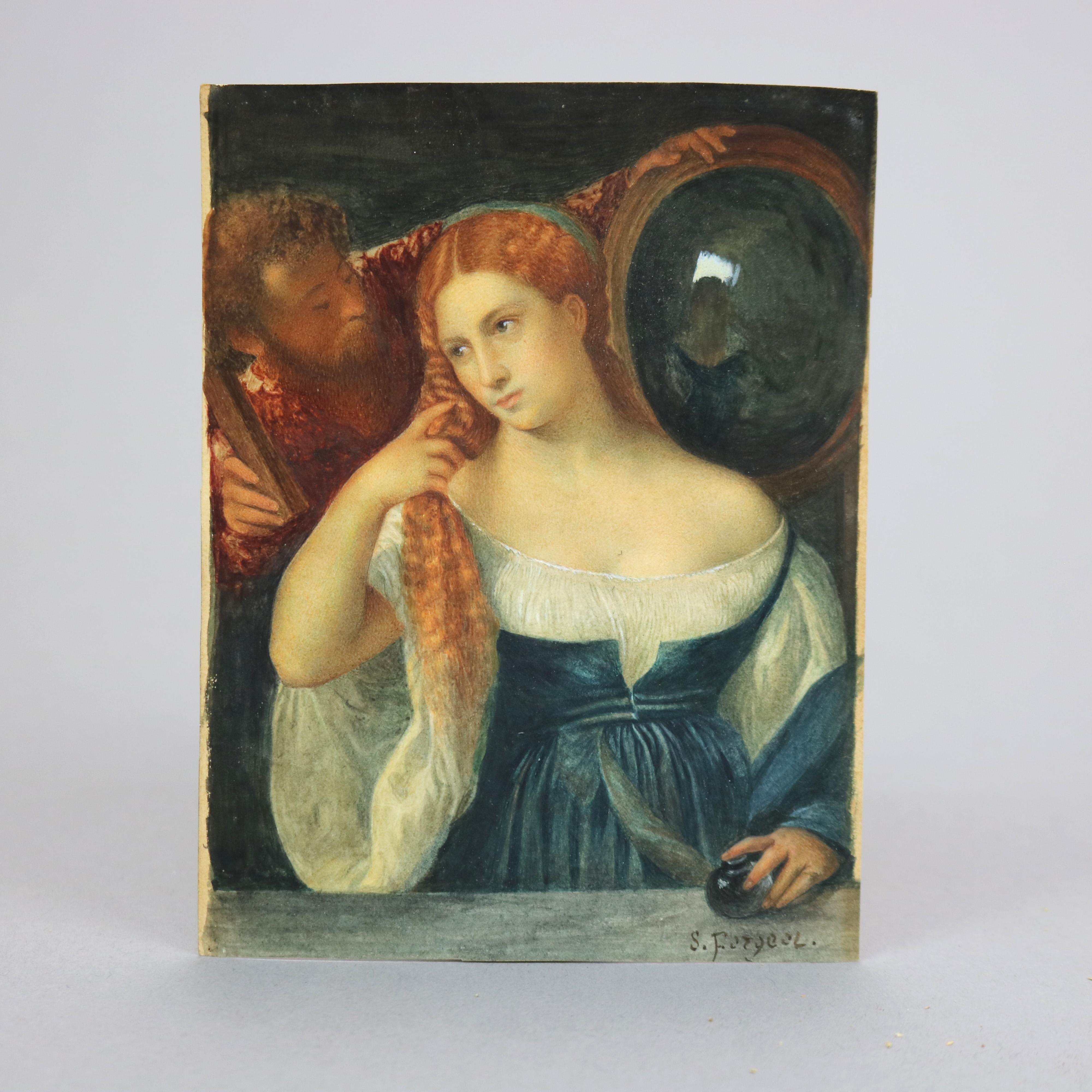 An antique French miniature watercolor painting by S. Forgcol offers portrait of woman with her dressing attendant holding mirror, artist signed lower right, 19th century

Measures - 6.25''h x 5.75''w x .75''d.