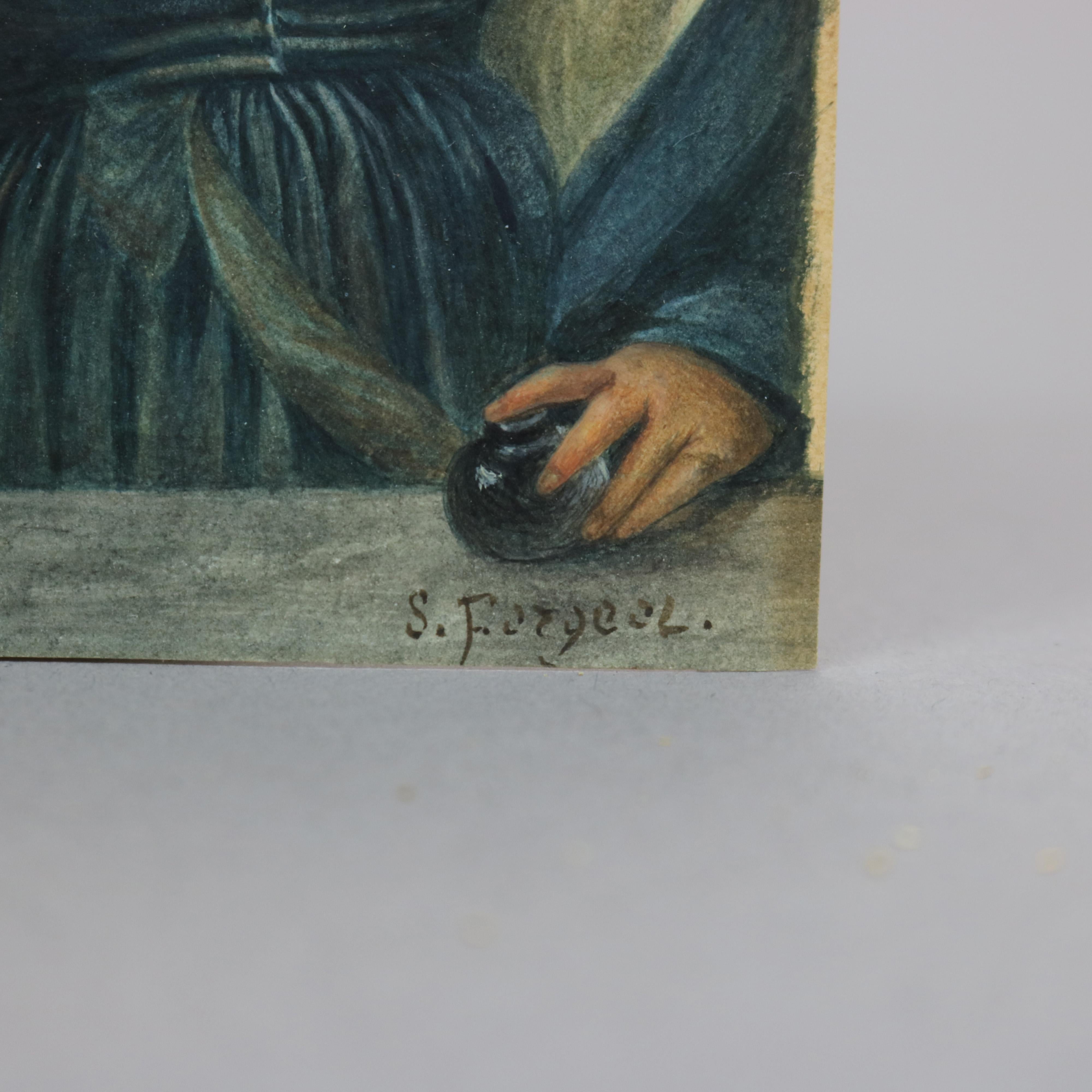 Antique French Miniature Watercolor Portrait of a Woman Signed S. Forgcol c1924 In Good Condition In Big Flats, NY