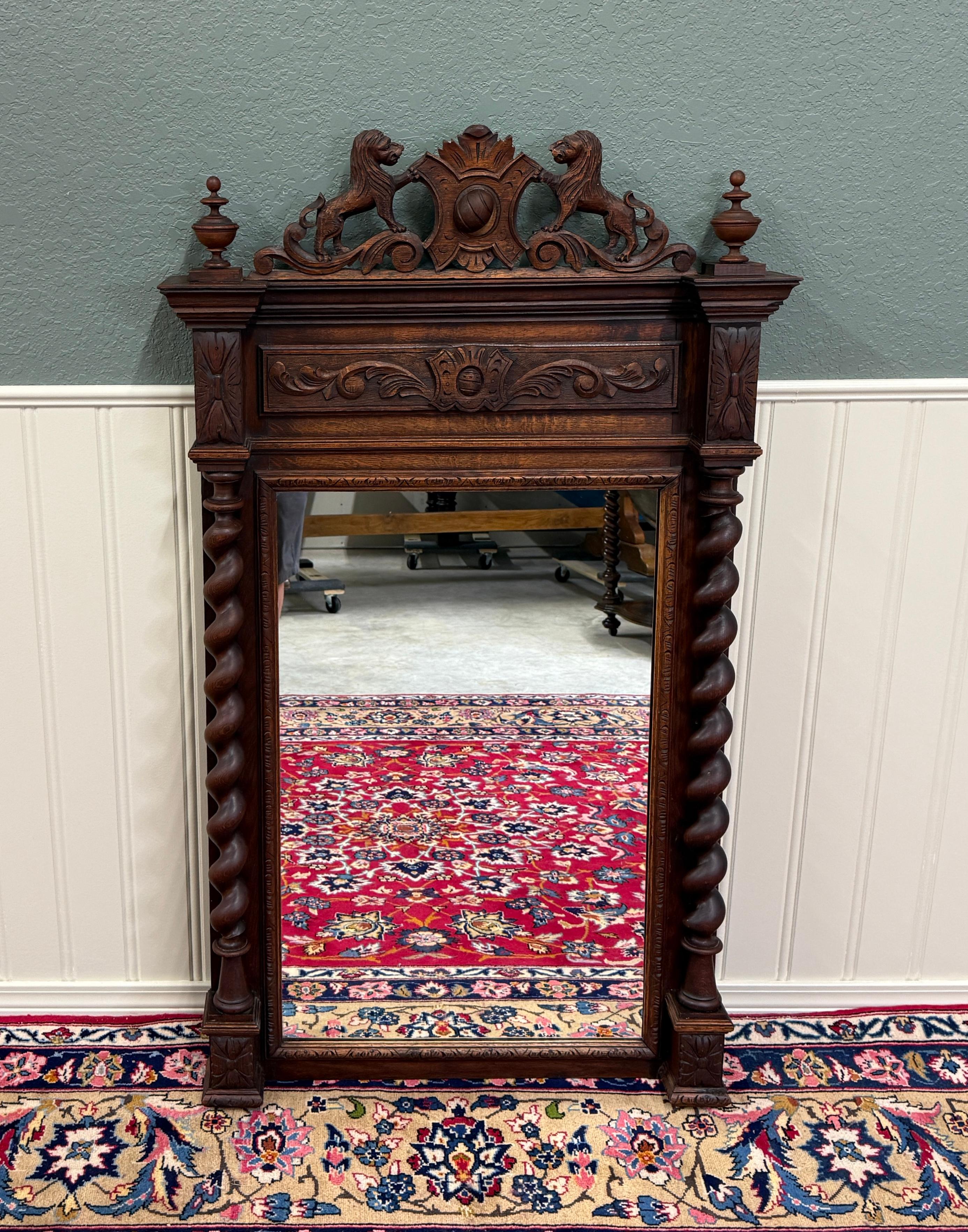 Antique French Mirror Barley Twist Over Mantel LARGE Rectangular Oak Lions 19thC For Sale 4