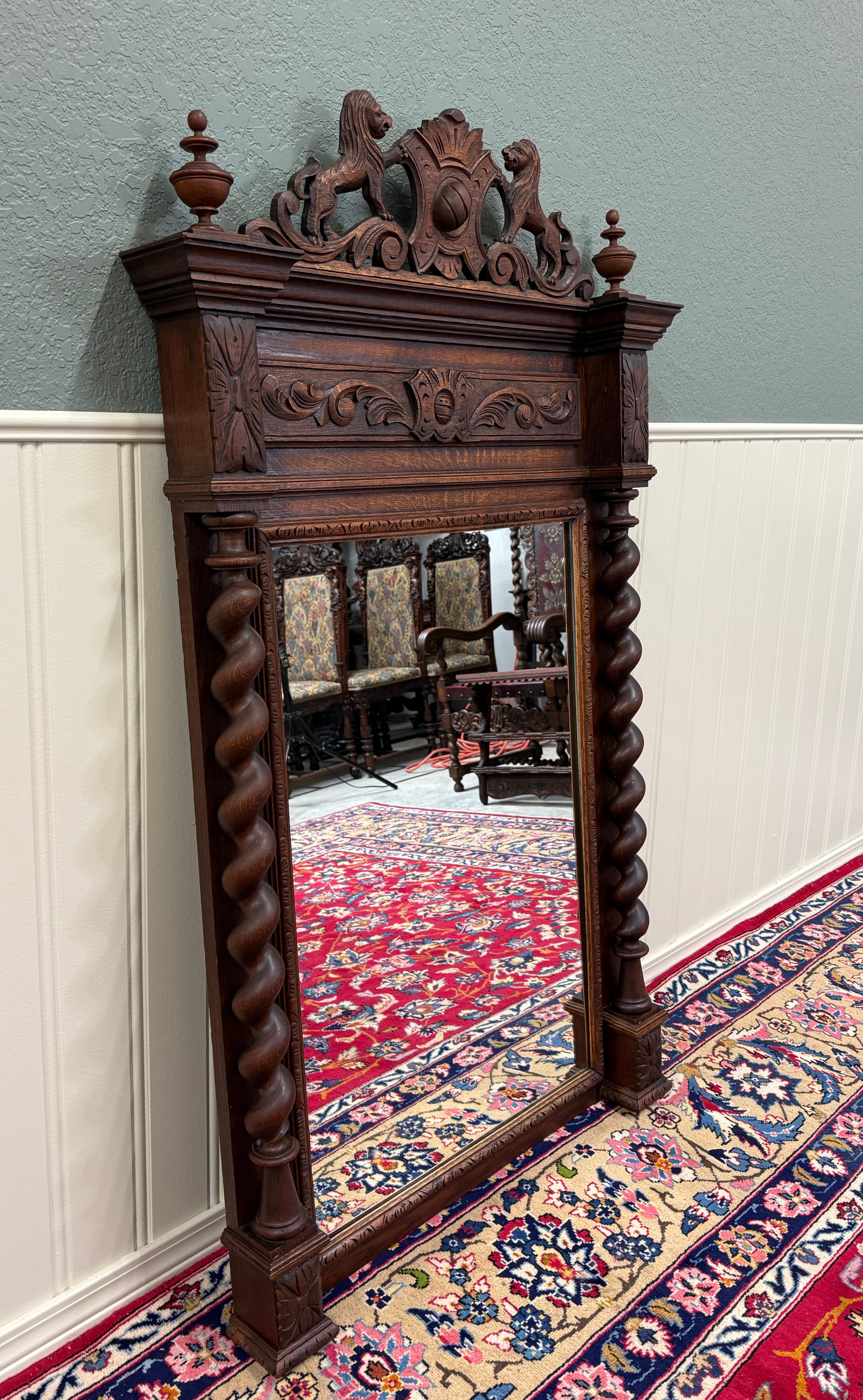 Antique French Mirror Barley Twist Over Mantel LARGE Rectangular Oak Lions 19thC For Sale 5
