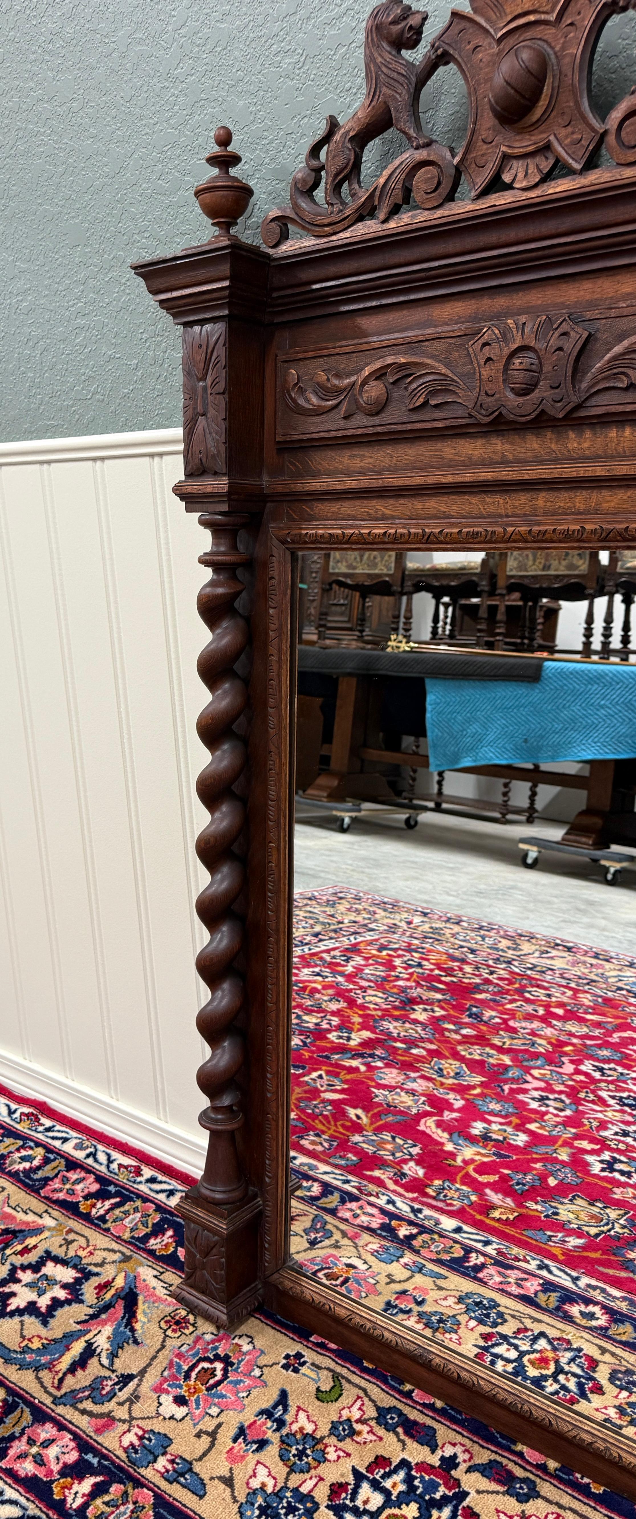 Antique French Mirror Barley Twist Over Mantel LARGE Rectangular Oak Lions 19thC For Sale 6