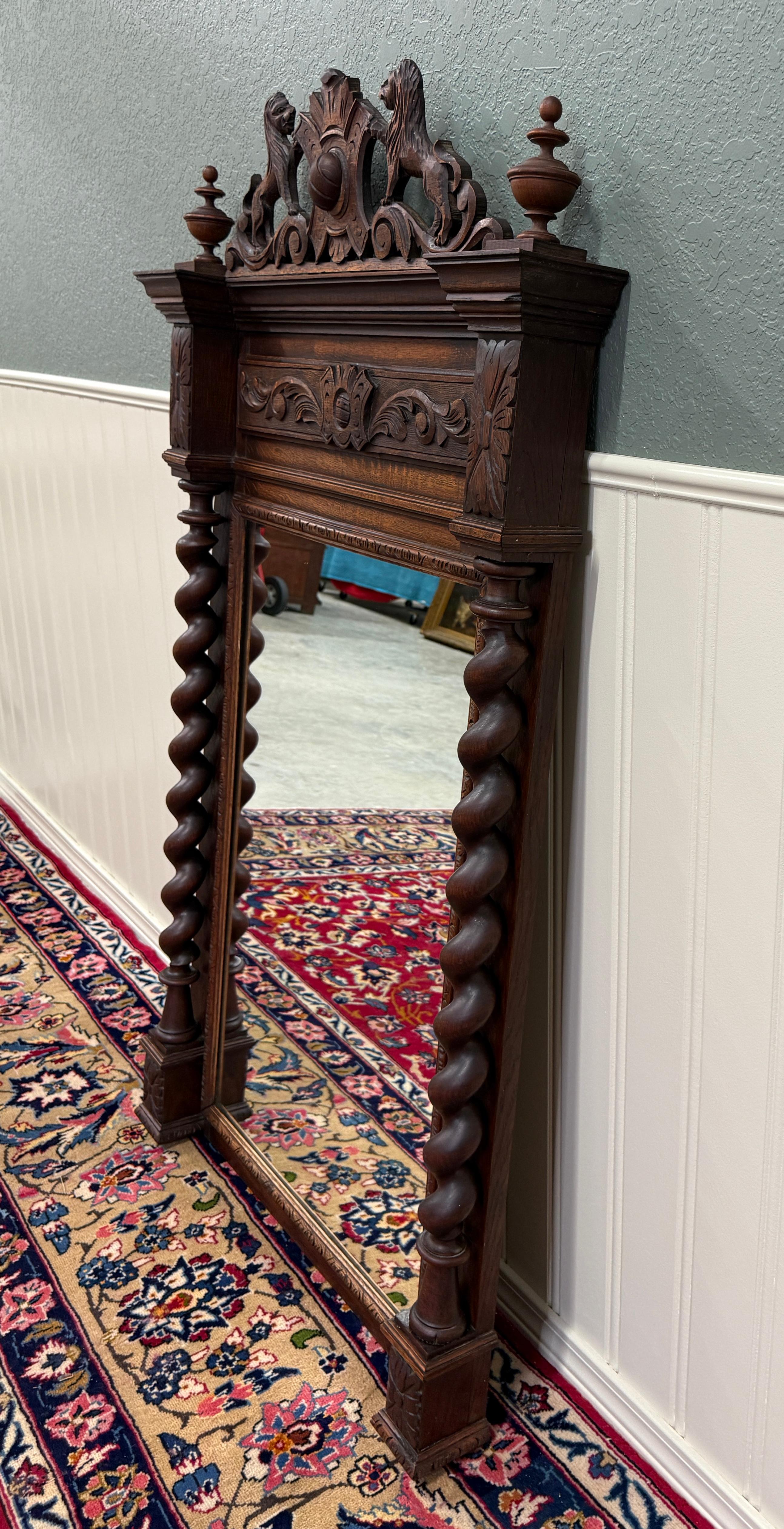 Antique French Mirror Barley Twist Over Mantel LARGE Rectangular Oak Lions 19thC For Sale 7