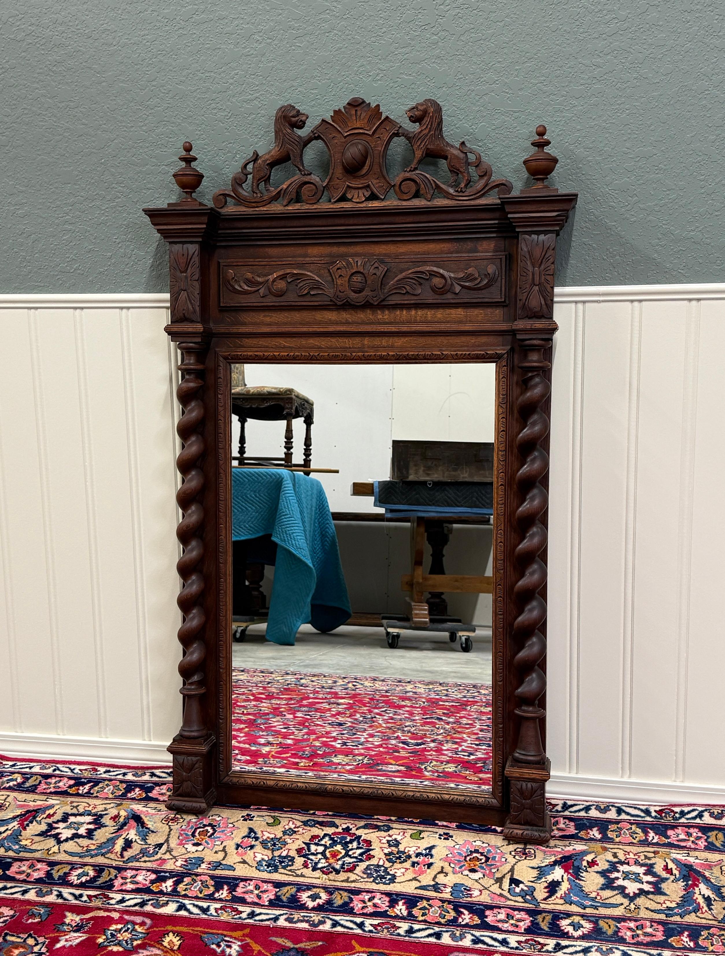 Antique French Mirror Barley Twist Over Mantel LARGE Rectangular Oak Lions 19thC For Sale 8