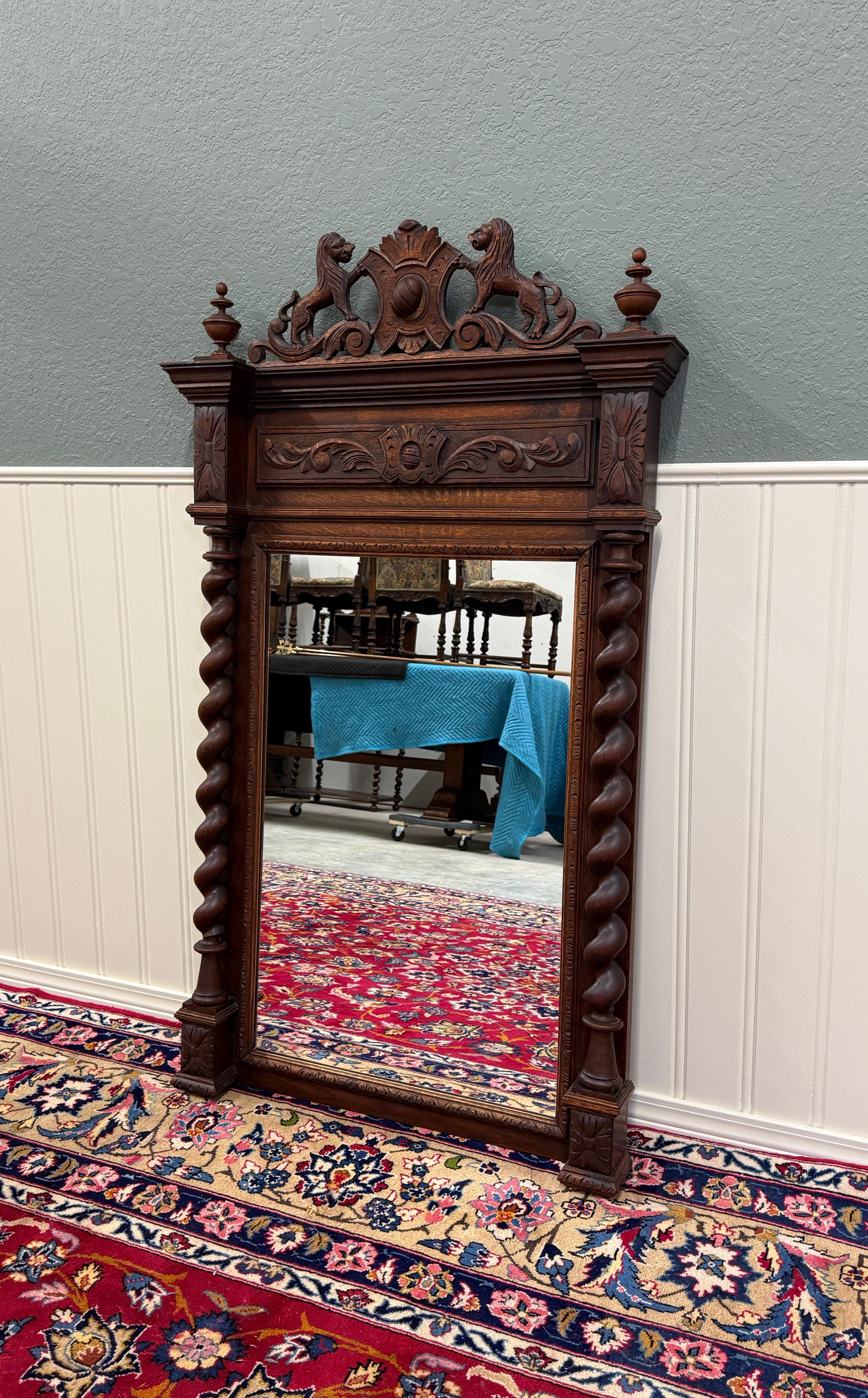 Antique French Mirror Barley Twist Over Mantel LARGE Rectangular Oak Lions 19thC For Sale 9