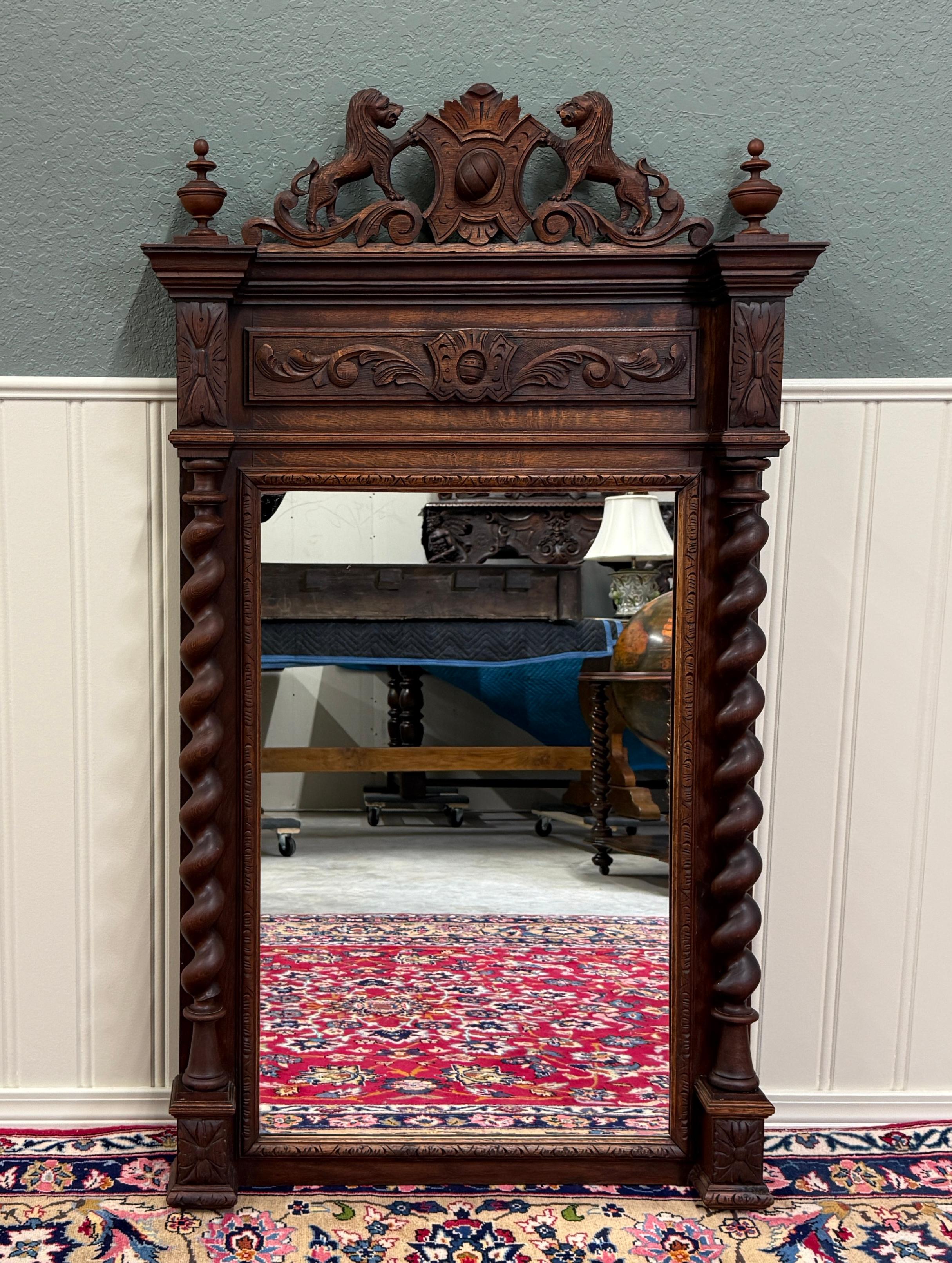 GORGEOUS Antique French Renaissance Revival Barley Twist Rectangular Framed Oak Over Mantel Mirror 
 
Popular classic French hanging wall mirror~~beautifully carved barley twist post and lion crown with wood back~~perfect for a fireplace mantel,
