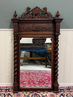 Antique French Mirror Barley Twist Over Mantel LARGE Rectangular Oak Lions 19thC
