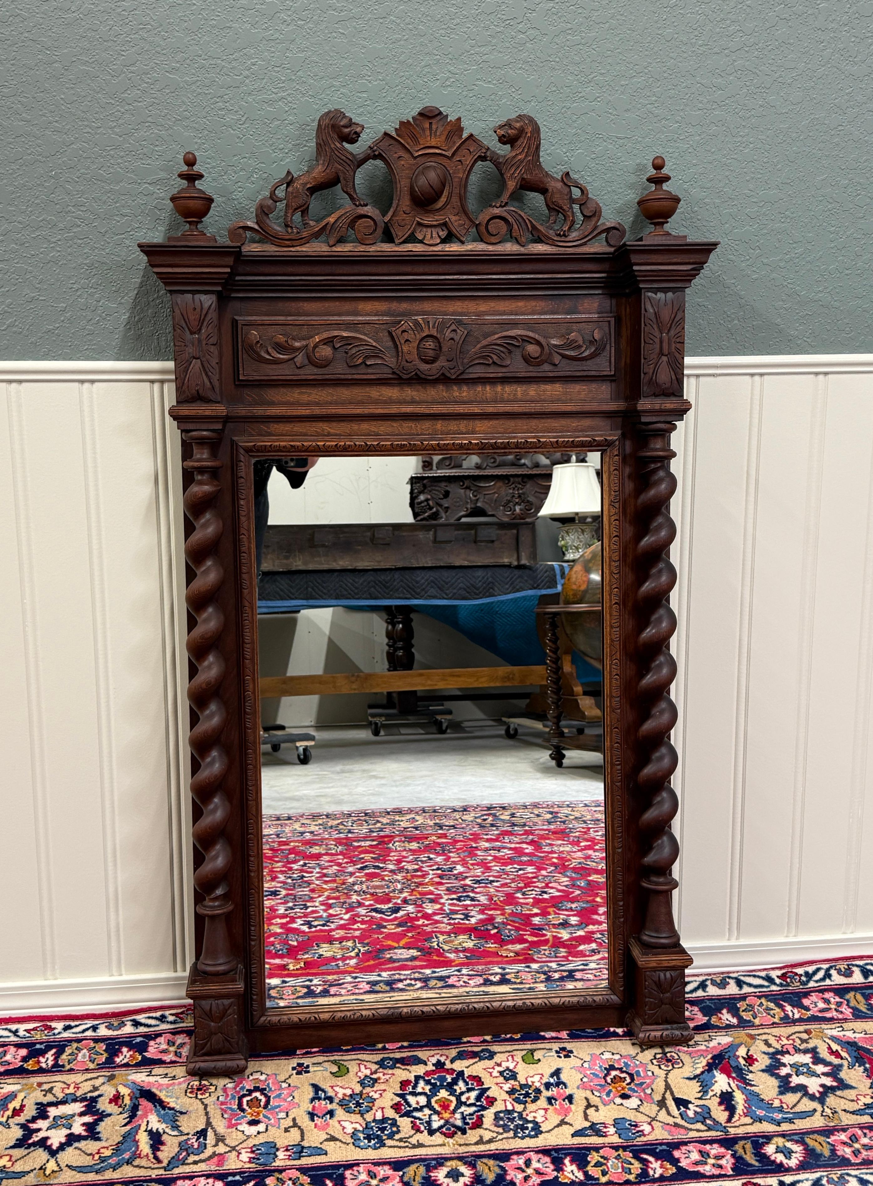 Victorian Antique French Mirror Barley Twist Over Mantel LARGE Rectangular Oak Lions 19thC For Sale