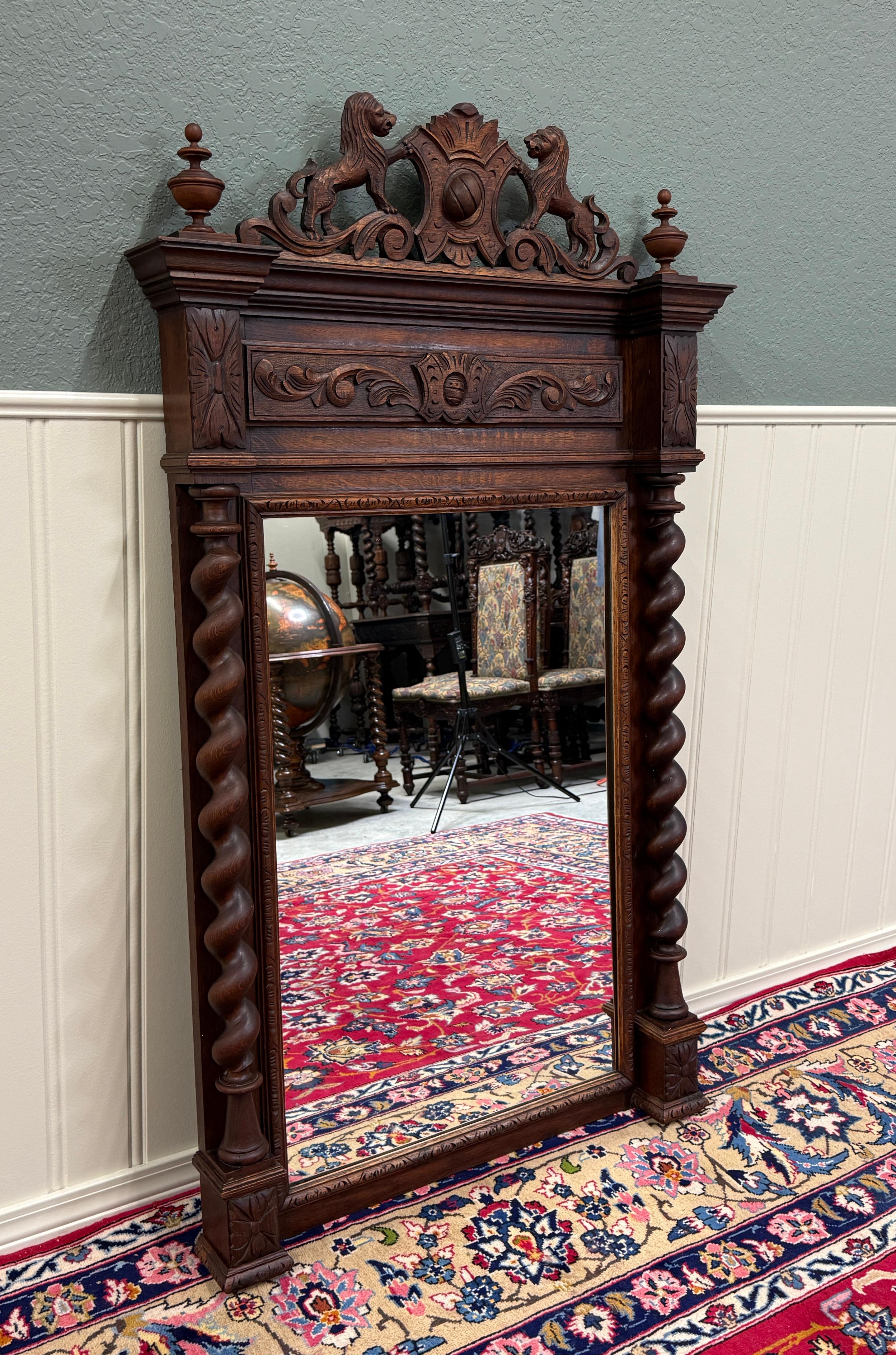 Carved Antique French Mirror Barley Twist Over Mantel LARGE Rectangular Oak Lions 19thC For Sale