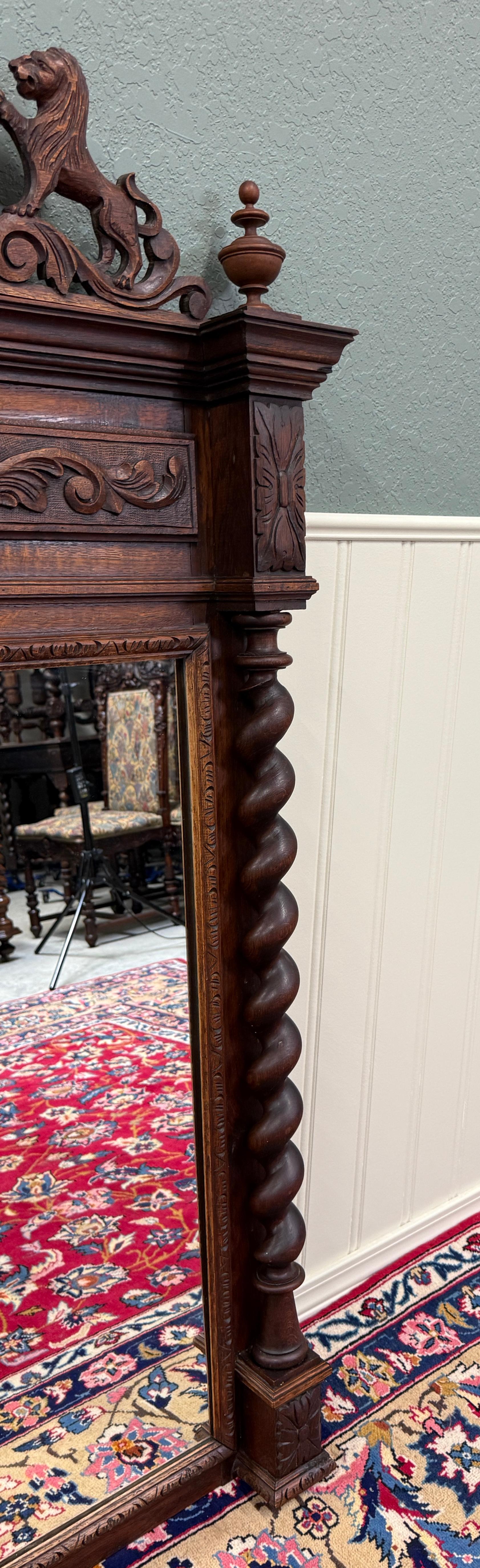 Antique French Mirror Barley Twist Over Mantel LARGE Rectangular Oak Lions 19thC In Good Condition For Sale In Tyler, TX