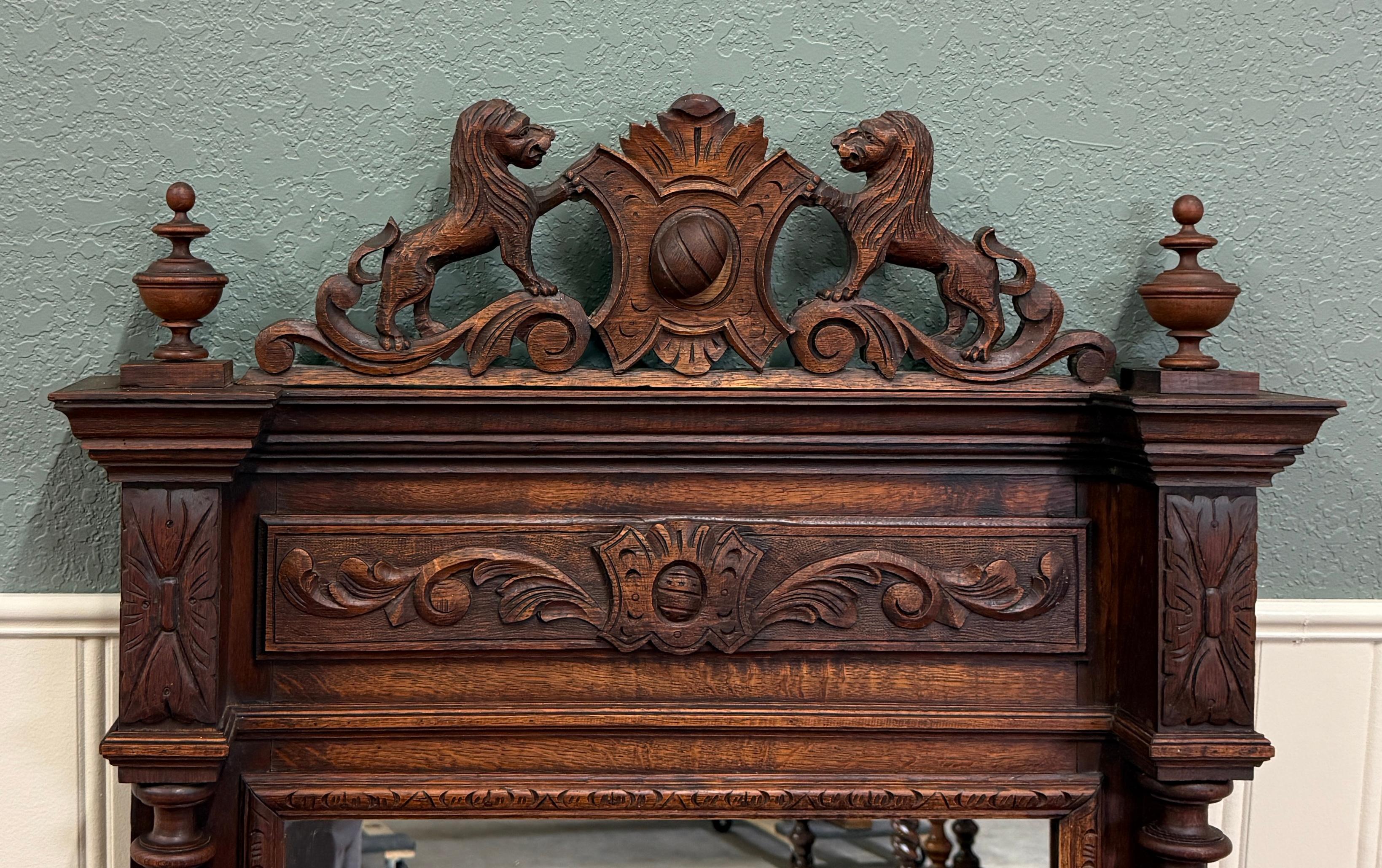19th Century Antique French Mirror Barley Twist Over Mantel LARGE Rectangular Oak Lions 19thC For Sale