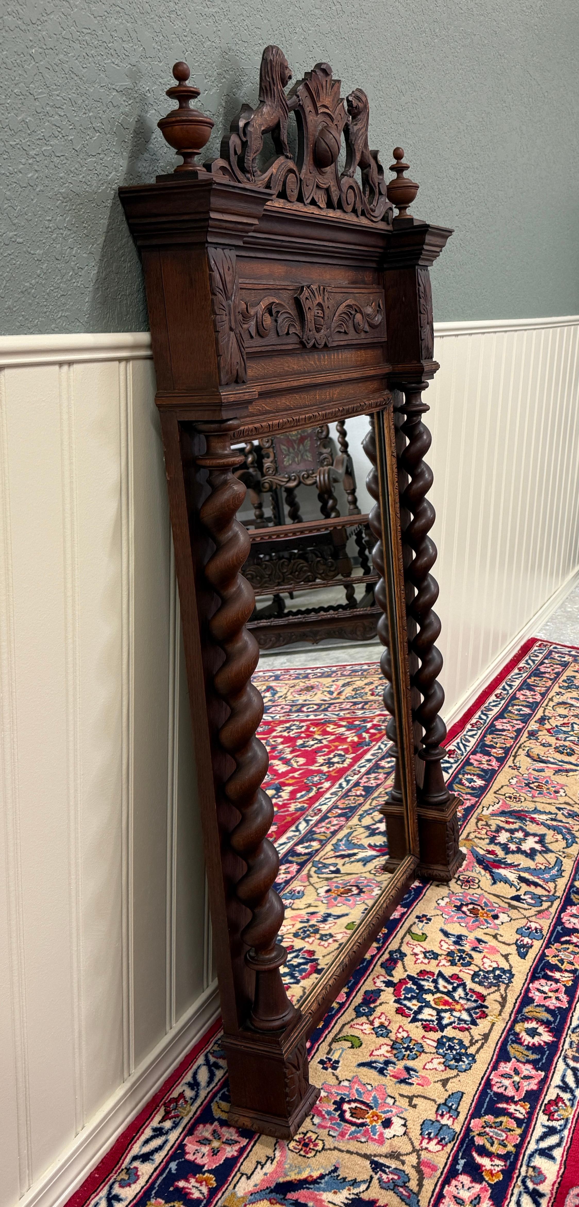Antique French Mirror Barley Twist Over Mantel LARGE Rectangular Oak Lions 19thC For Sale 1