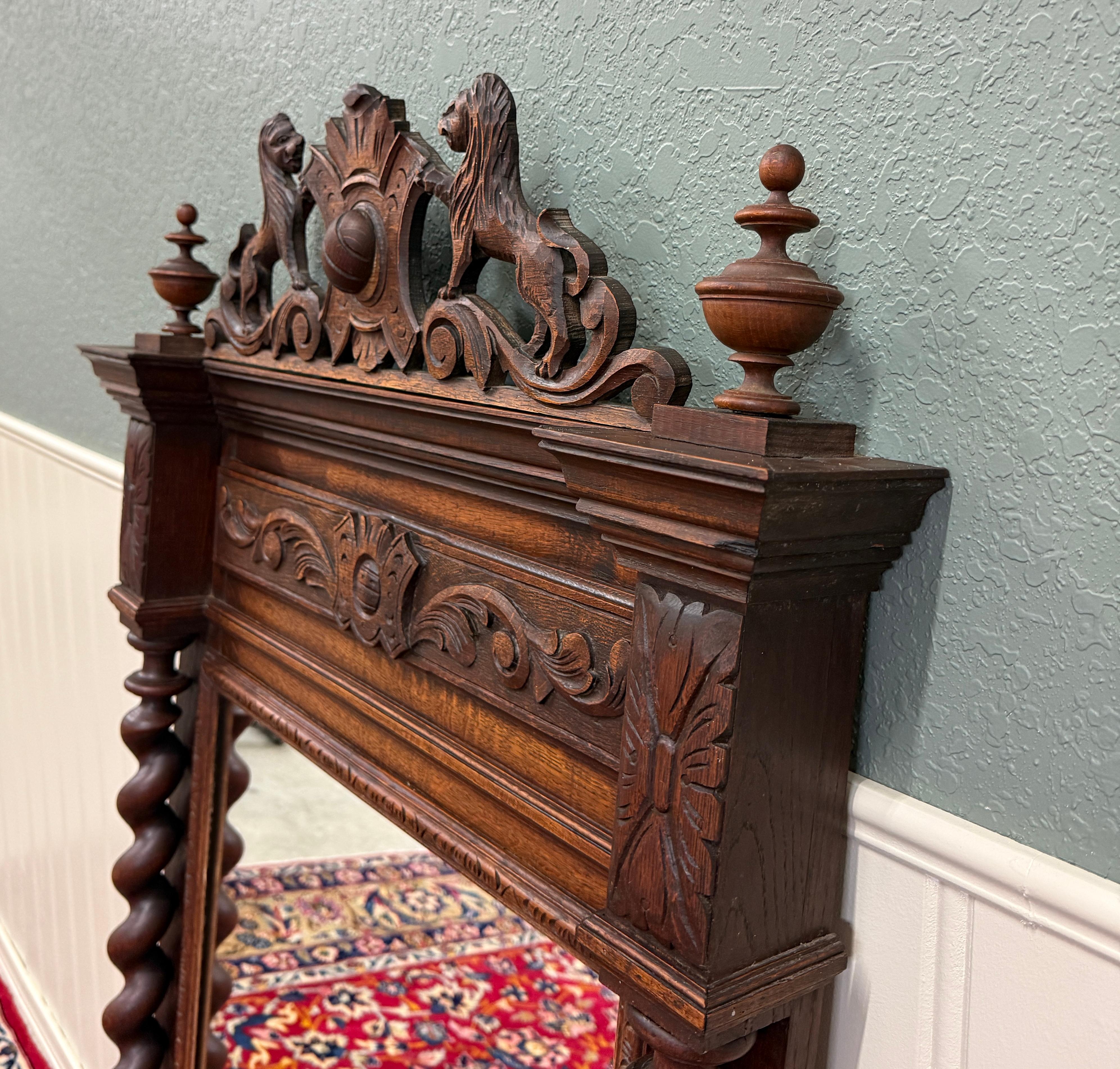 Antique French Mirror Barley Twist Over Mantel LARGE Rectangular Oak Lions 19thC For Sale 2