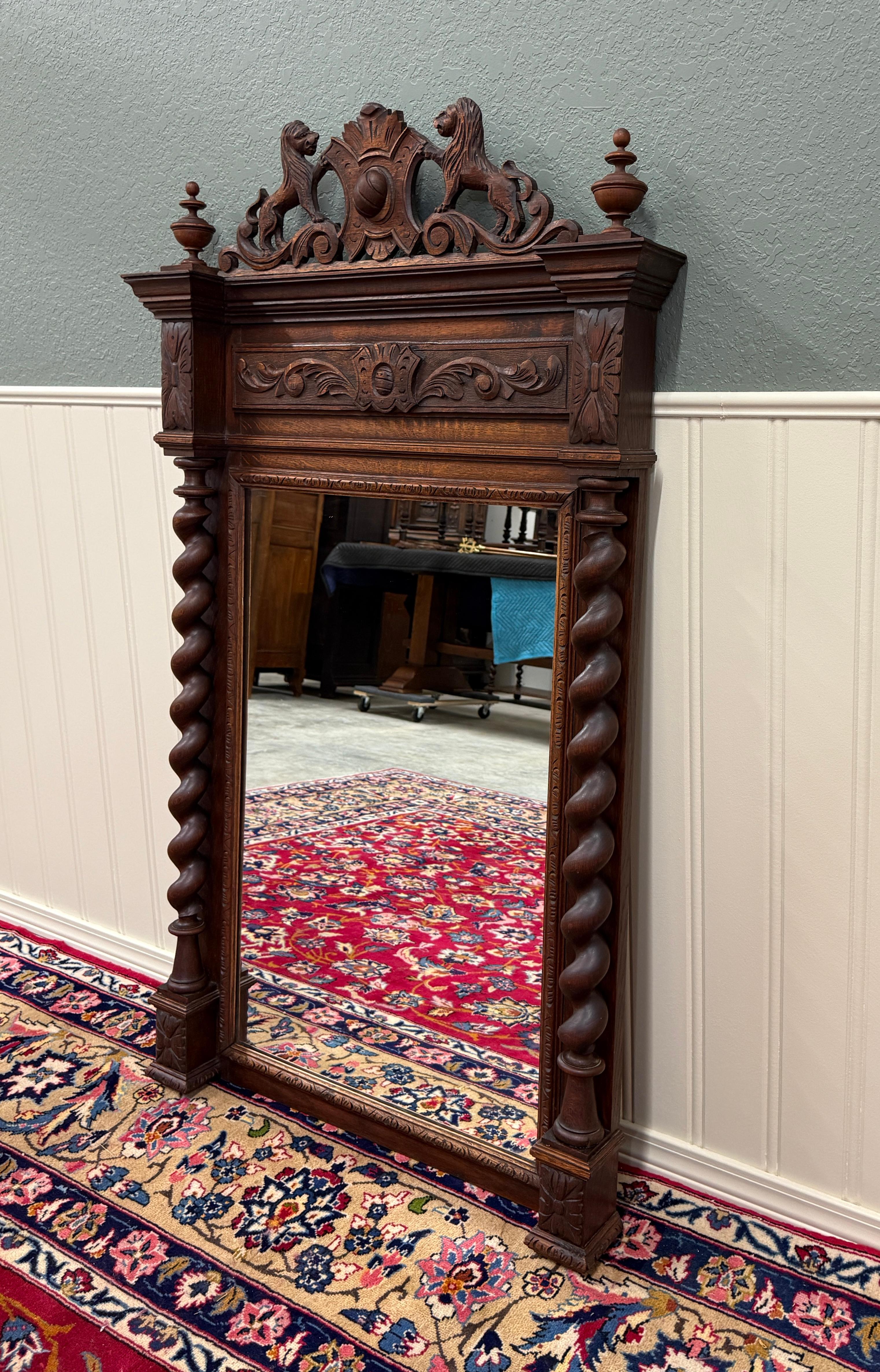 Antique French Mirror Barley Twist Over Mantel LARGE Rectangular Oak Lions 19thC For Sale 3