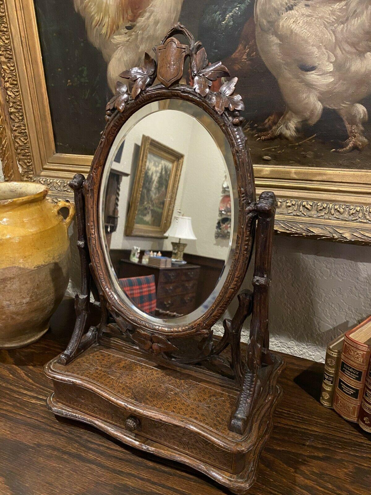 Antique French Mirror Black Forest Dresser Vanity Table Top Jewelry Box Oak 19c 3
