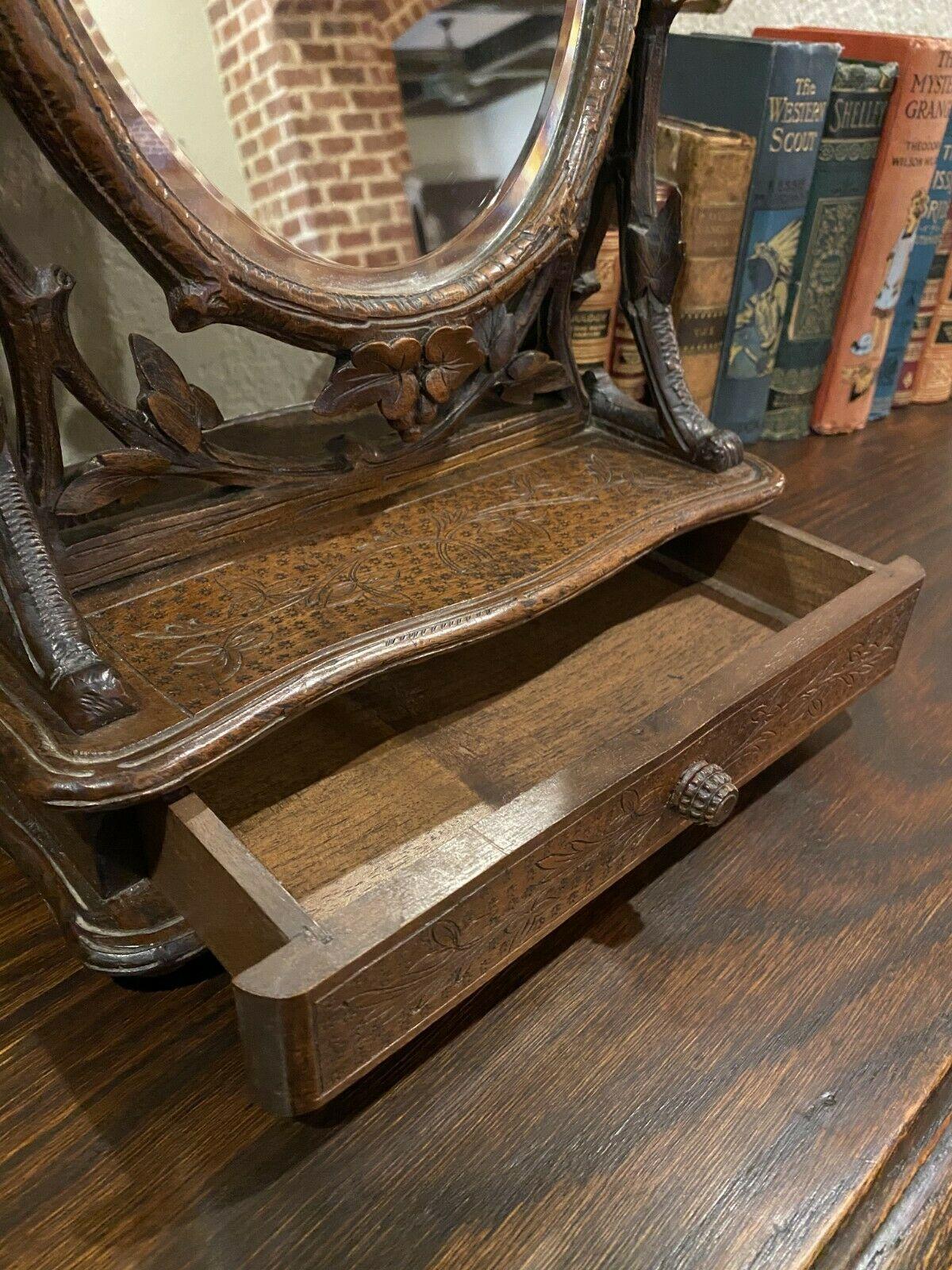 19th Century Antique French Mirror Black Forest Dresser Vanity Table Top Jewelry Box Oak 19c