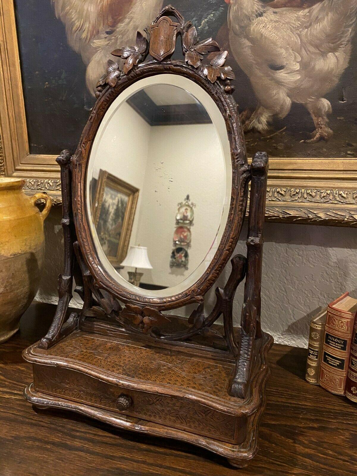 Antique French Mirror Black Forest Dresser Vanity Table Top Jewelry Box Oak 19c 2