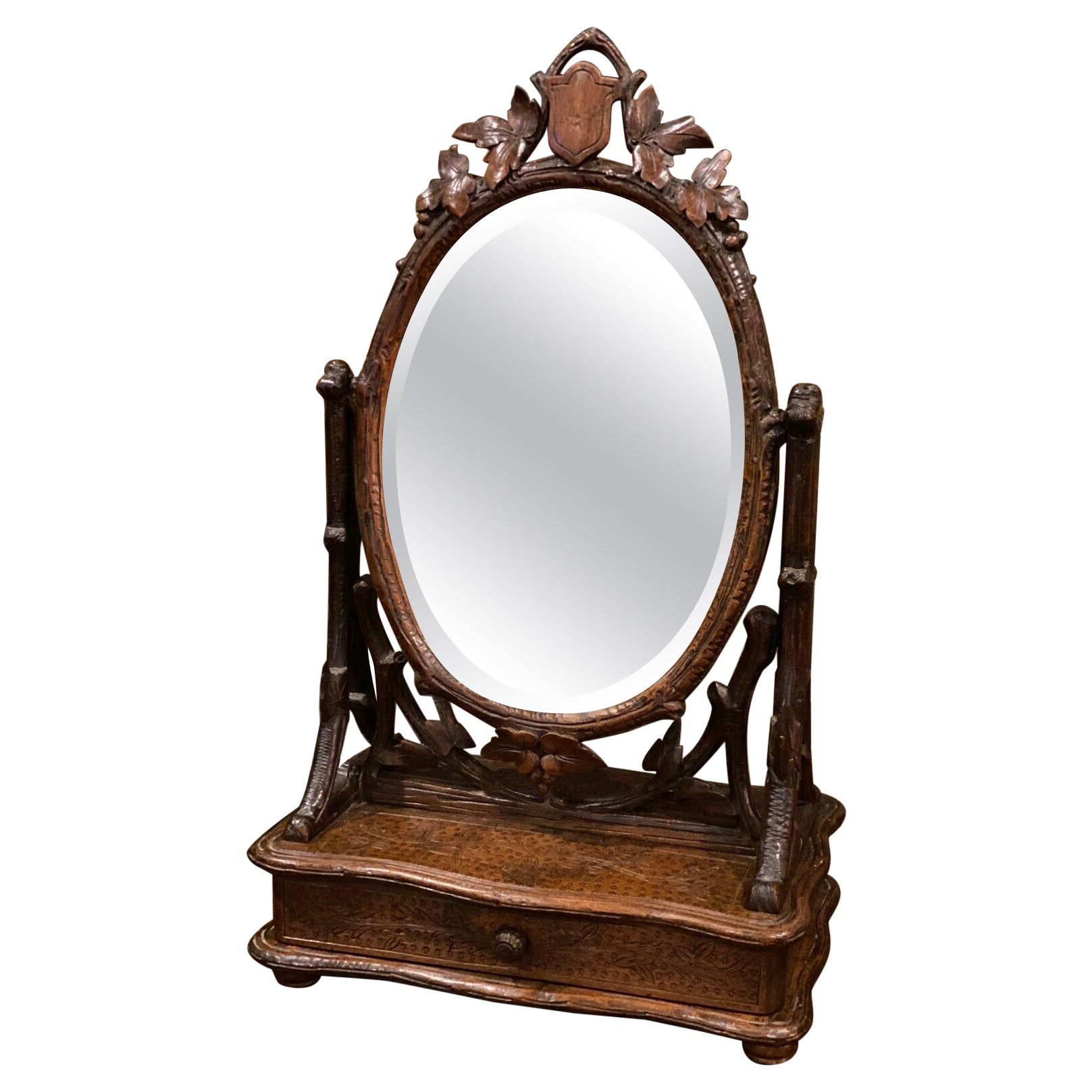 Antique French Mirror Black Forest Dresser Vanity Table Top Jewelry Box Oak 19c