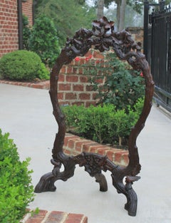 Antique French Mirror Black Forest Oak Framed or Standing Mirrored Firescreen