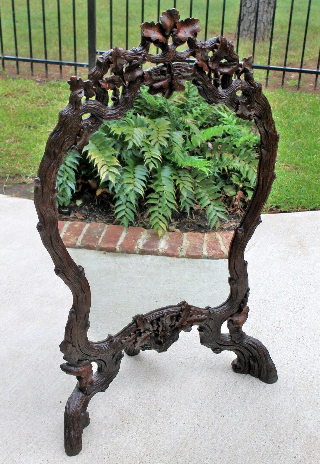 Carved Antique French Mirror Black Forest Oak Framed or Standing Mirrored Firescreen For Sale