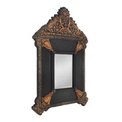 Antique Mirror francese, legno nero e rame sbalzato, stile Luigi XIV, circa 1880