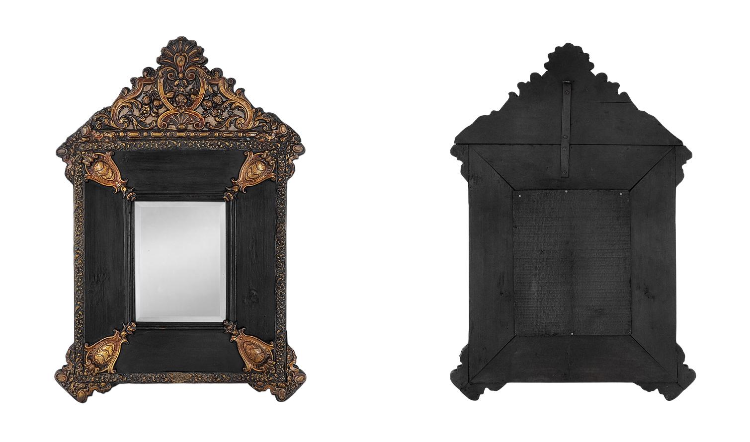 Antique Mirror francese, legno nero e rame sbalzato, stile Luigi XIV, circa 1880 in vendita 1