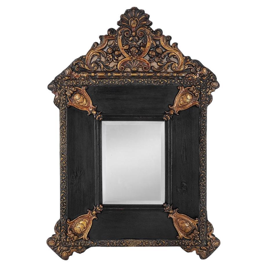 Antique French Mirror, Black Wood & Embossed Copper, Louis XIV Style, circa 1880