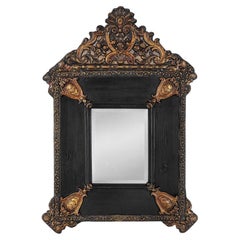 Antique French Mirror, Black Wood & Embossed Copper, Louis XIV Style, circa 1880