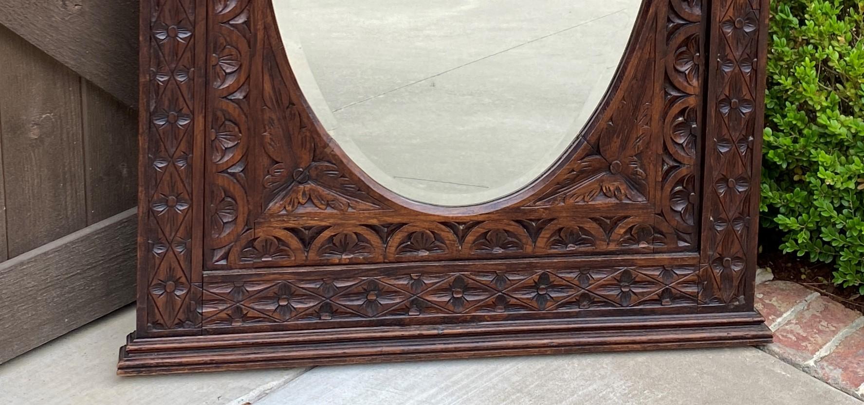 Antique French Mirror Breton Brittany Carved Oak Beveled Oval Large 19C 8