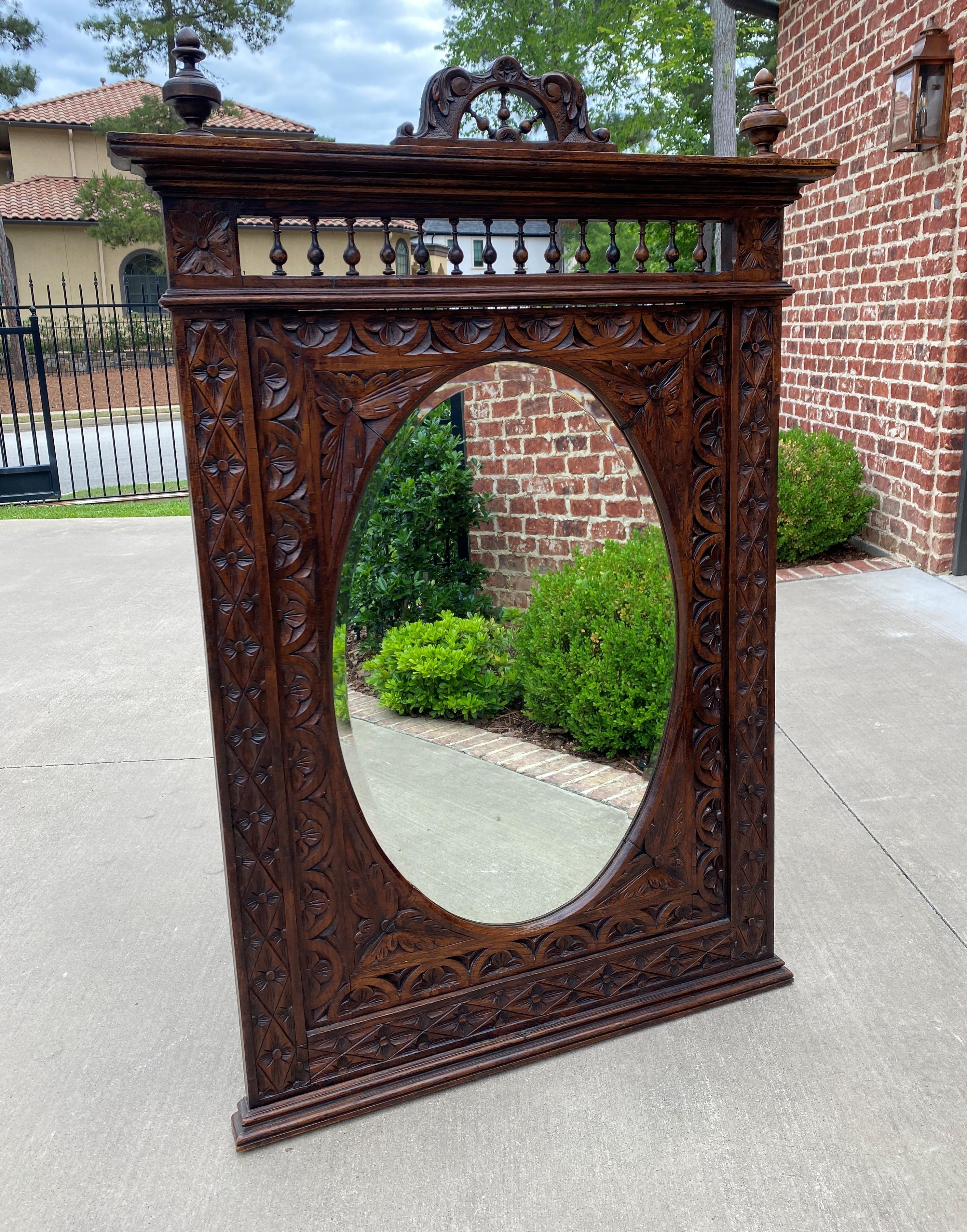 French Provincial Antique French Mirror Breton Brittany Carved Oak Beveled Oval Large 19C