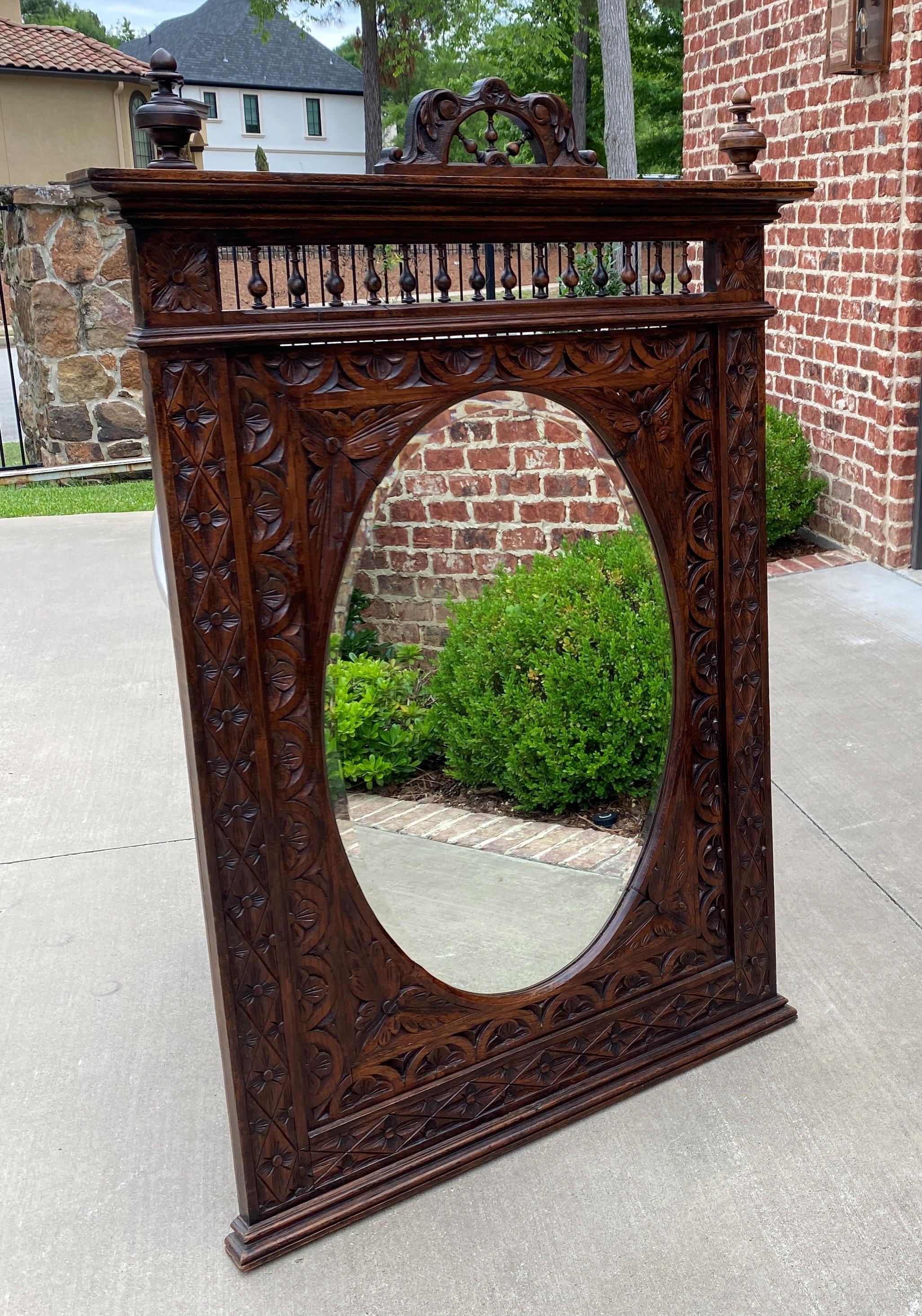 Antique French Mirror Breton Brittany Carved Oak Beveled Oval Large 19C In Good Condition In Tyler, TX
