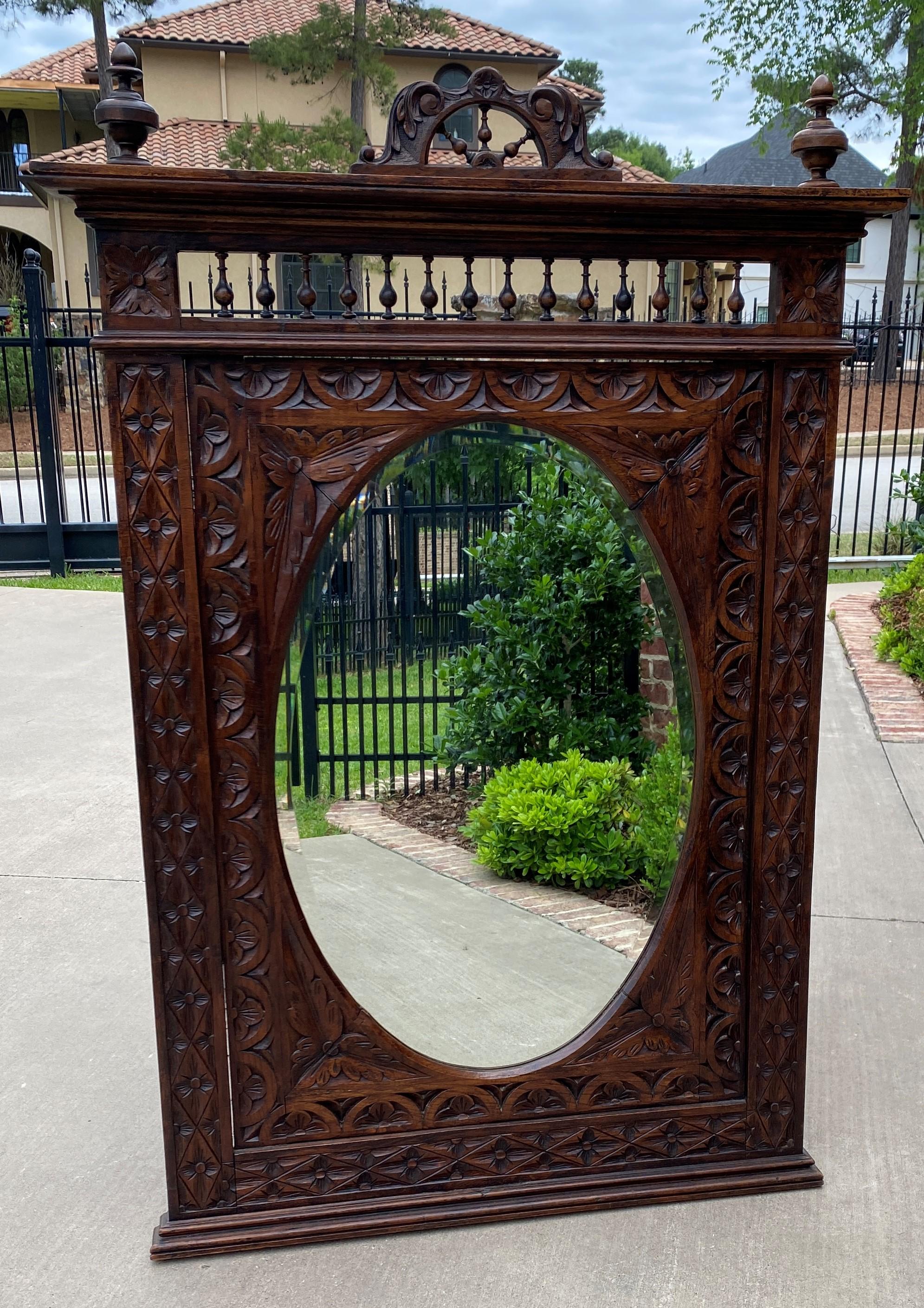 19th Century Antique French Mirror Breton Brittany Carved Oak Beveled Oval Large 19C