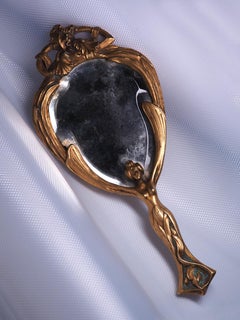 Antique French Mirror Bronze Art Nouveau Style Female Ornament Floral Theme