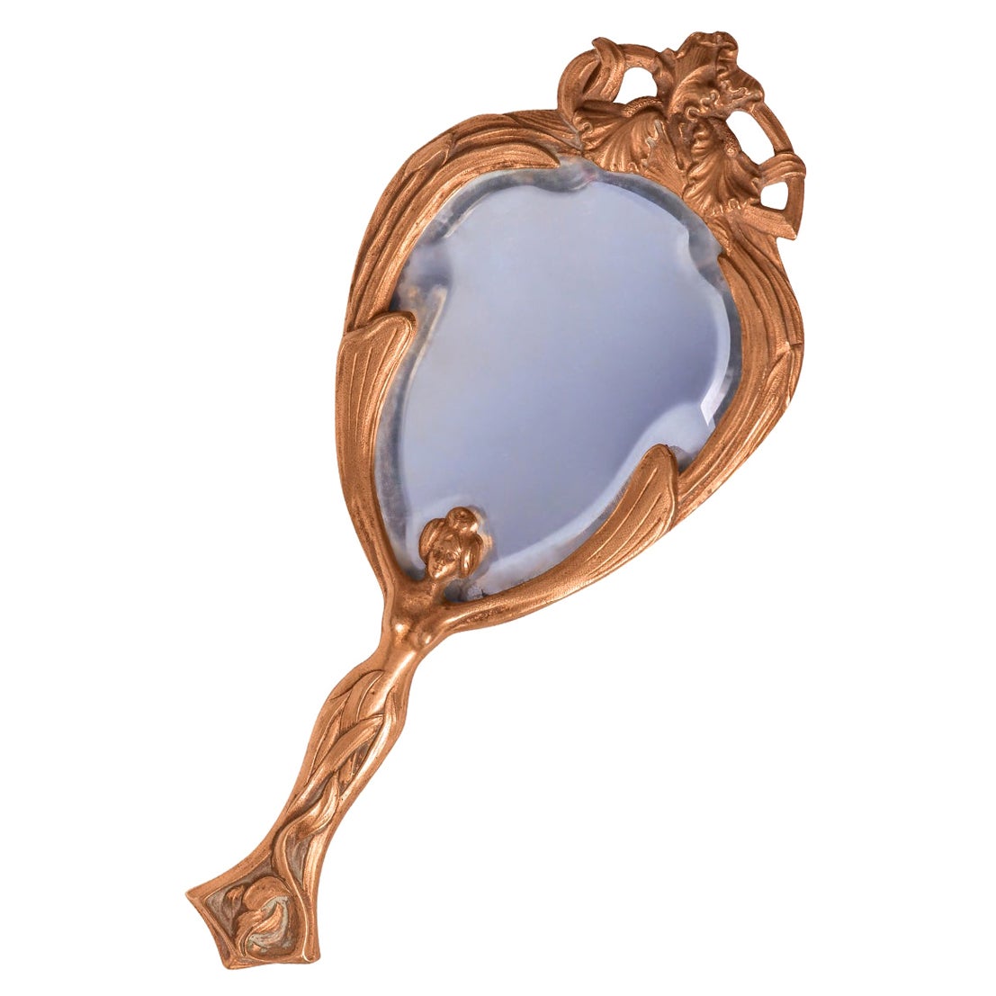 Antique French Mirror Bronze Art Nouveau Style Female Ornament Floral Theme