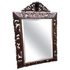Antique French Mirror Carved Oak Beveled Acanthus Cartouche Framed Rectangular