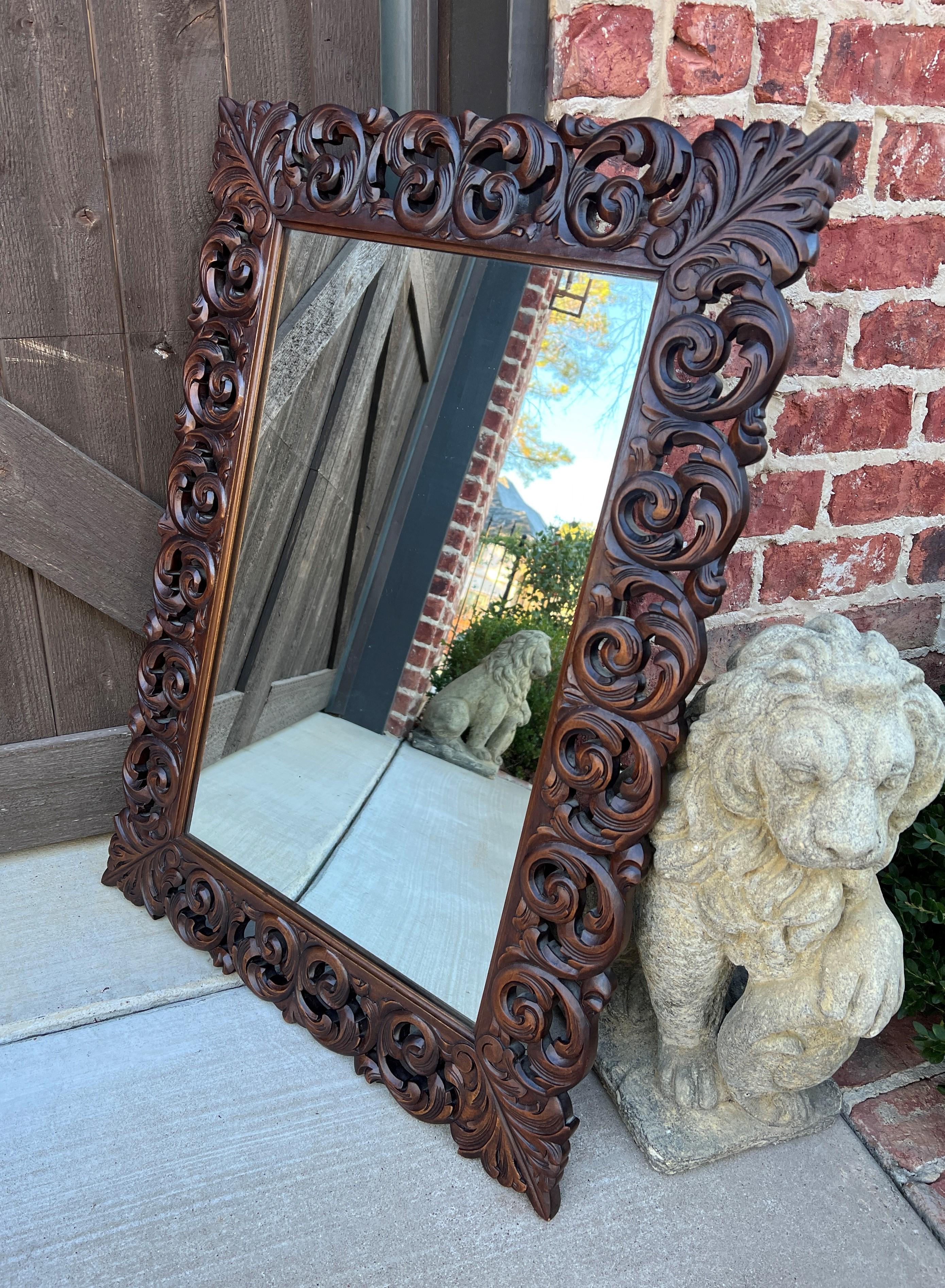 Renaissance Revival Antique French Mirror Carved Oak Framed Hanging Wall Mirror 1930s