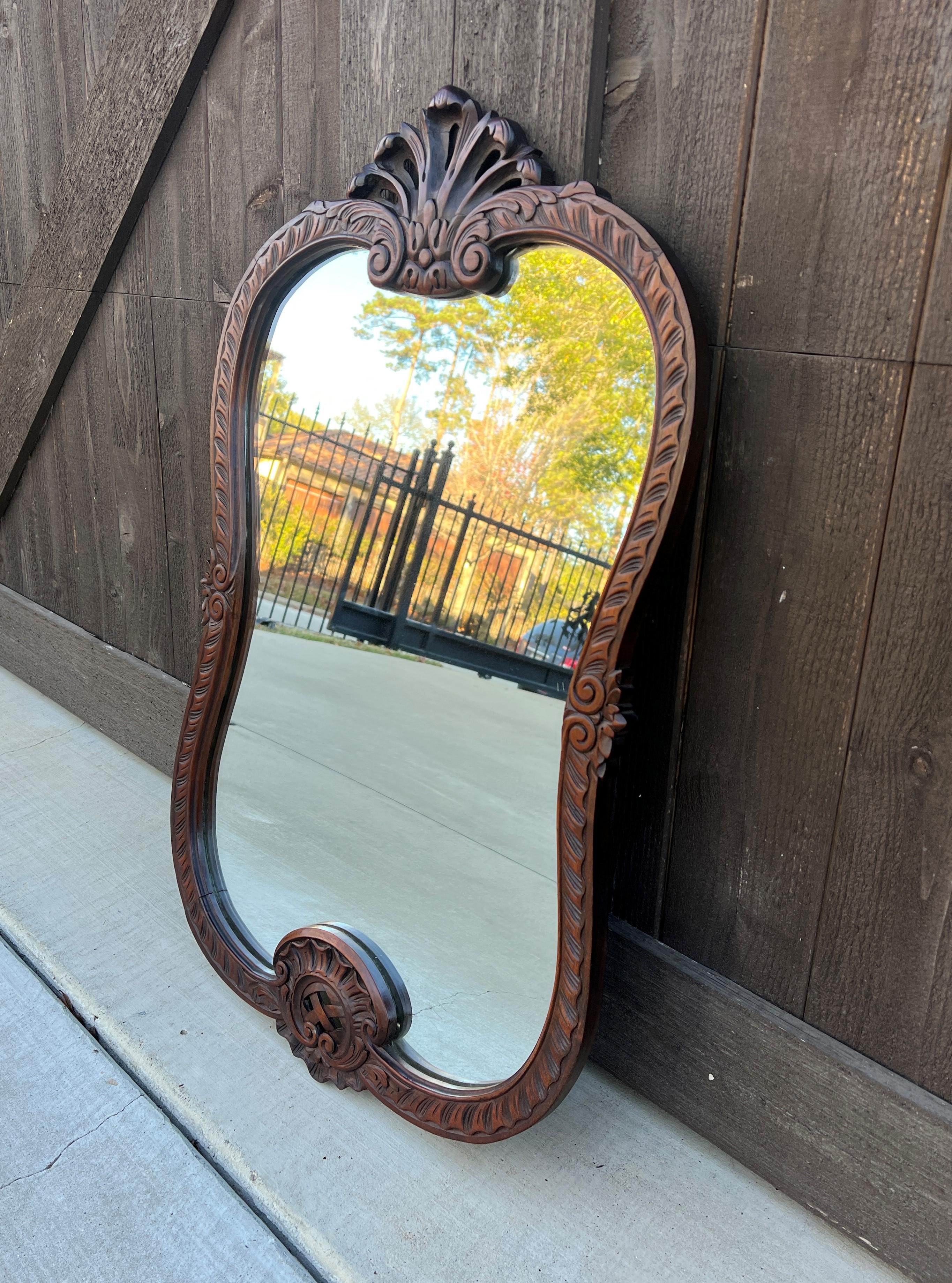 Renaissance Revival Antique French Mirror Carved Walnut Framed Wall Mirror Shell Lattice Accent 1930